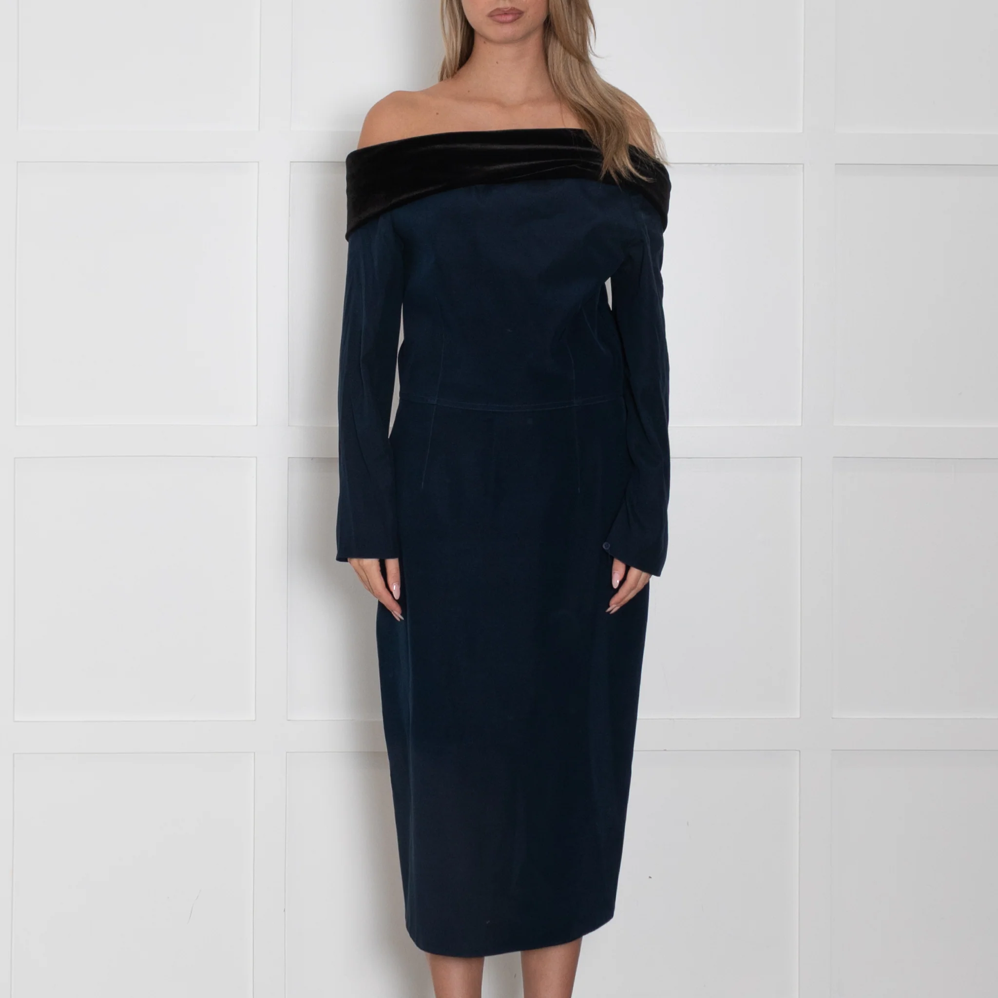 Emilio De La Morena Navy Blue Black Velvet Trim Sleeved Dress - Image 2