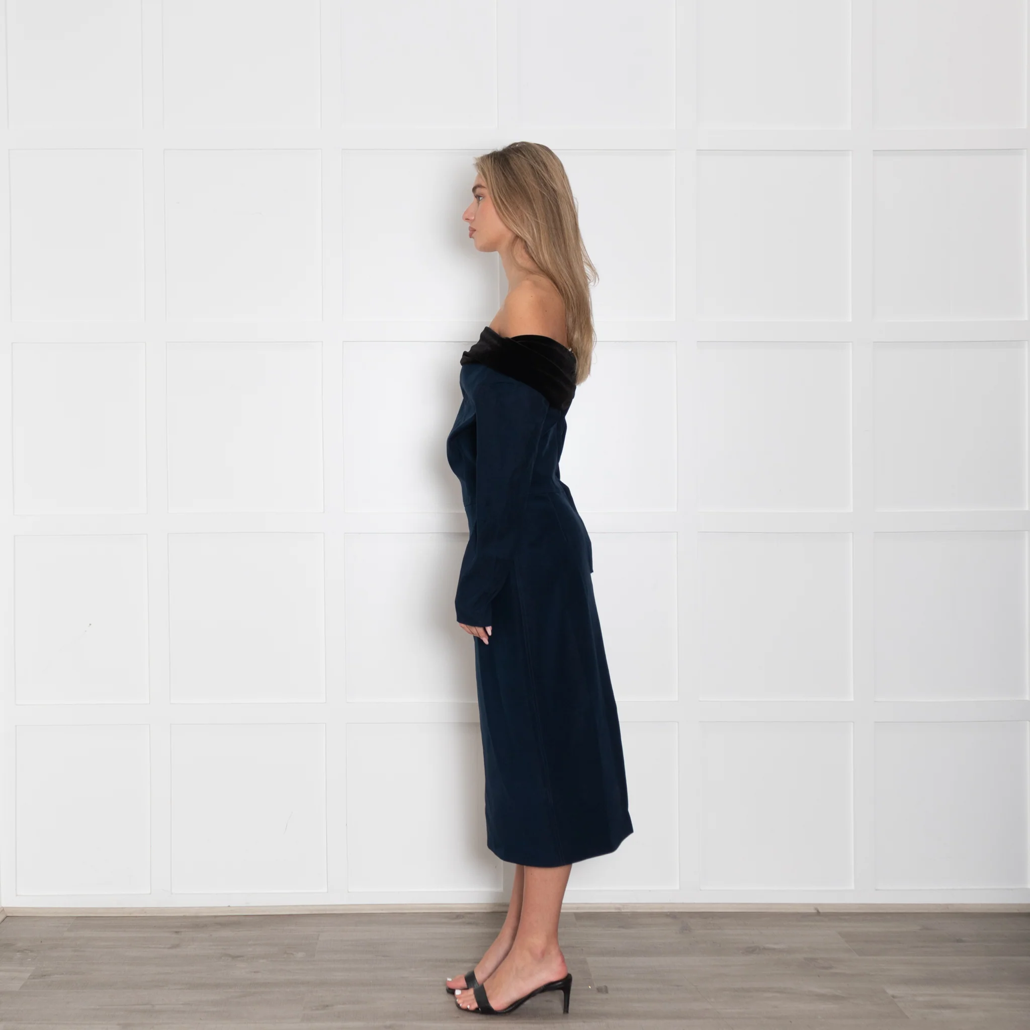 Emilio De La Morena Navy Blue Black Velvet Trim Sleeved Dress - Image 4