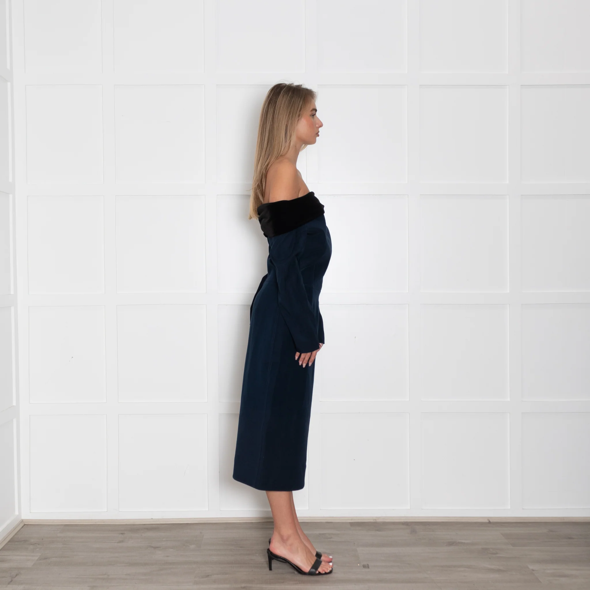 Emilio De La Morena Navy Blue Black Velvet Trim Sleeved Dress - Image 6