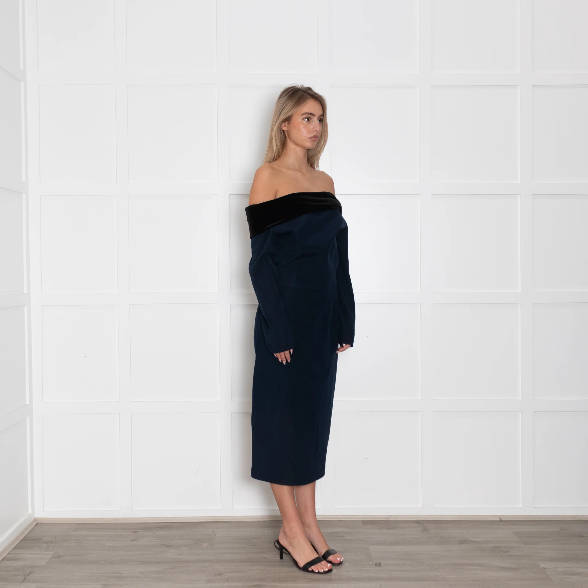 Emilio De La Morena Navy Blue Black Velvet Trim Sleeved Dress - Image 7