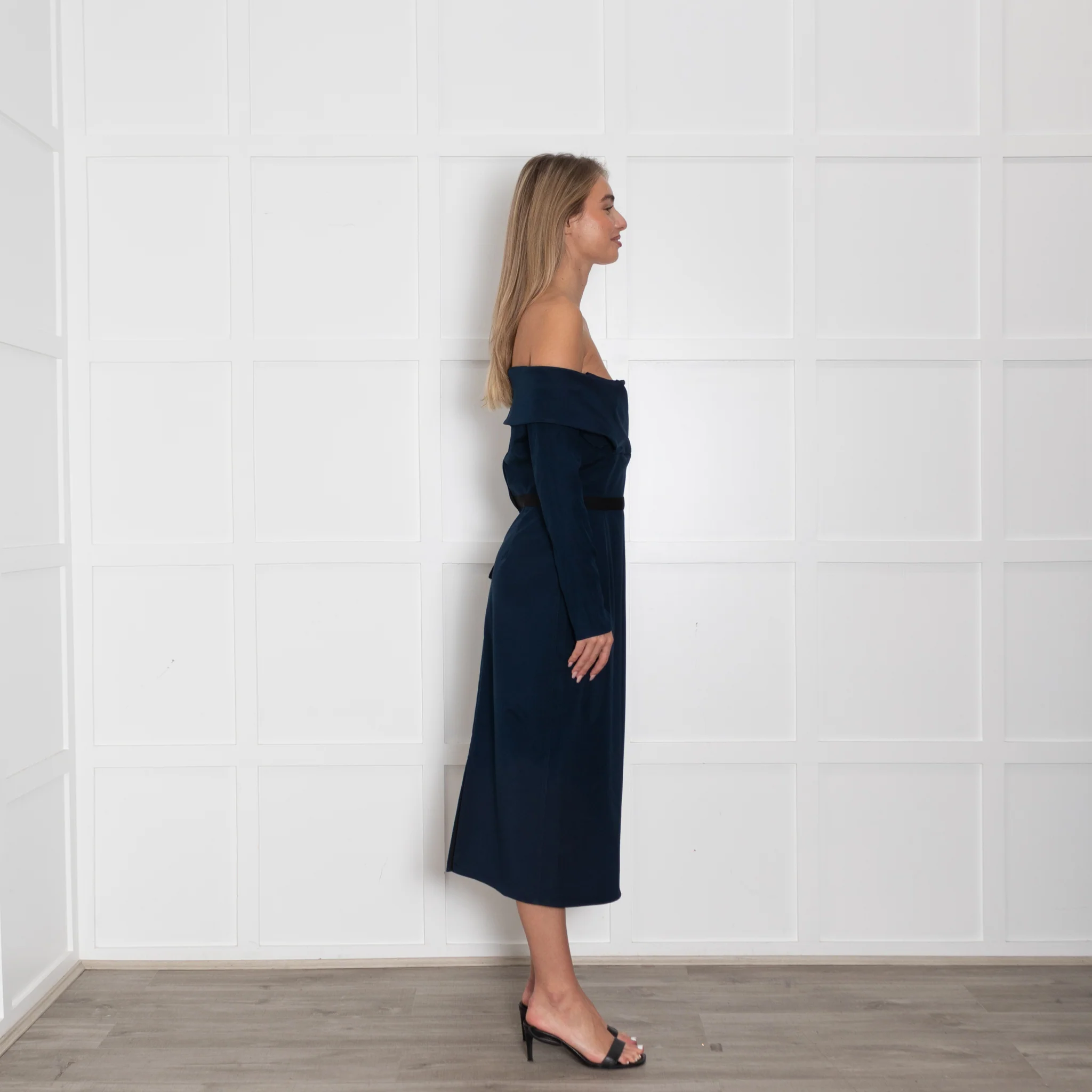 Emilio De La Morena Navy Blue Boned Bodice Sleeved Dress - Image 6