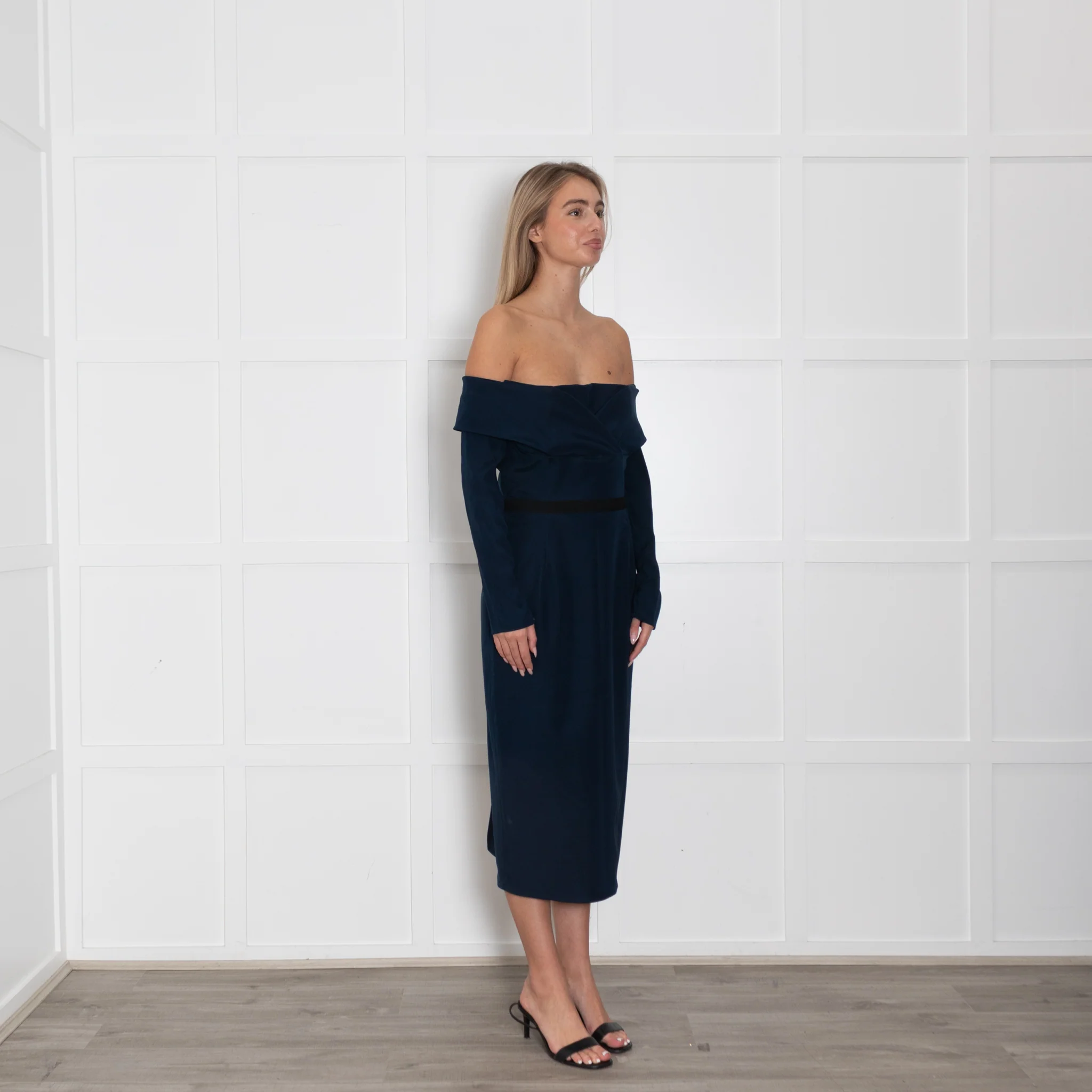 Emilio De La Morena Navy Blue Boned Bodice Sleeved Dress - Image 7