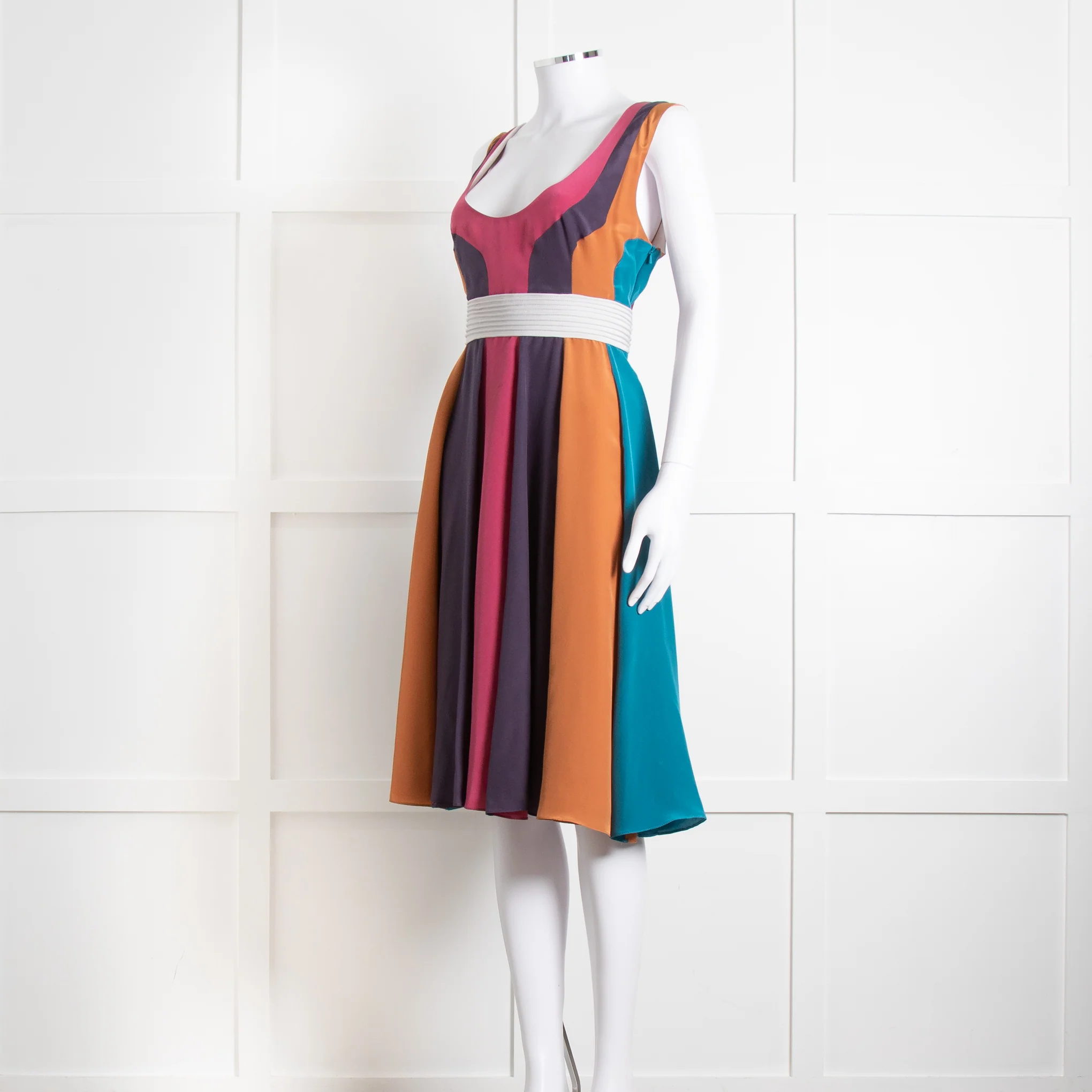 Emilio De La Morena Vertical Purple Line Stripe Dress With Grey Waistband - Image 2