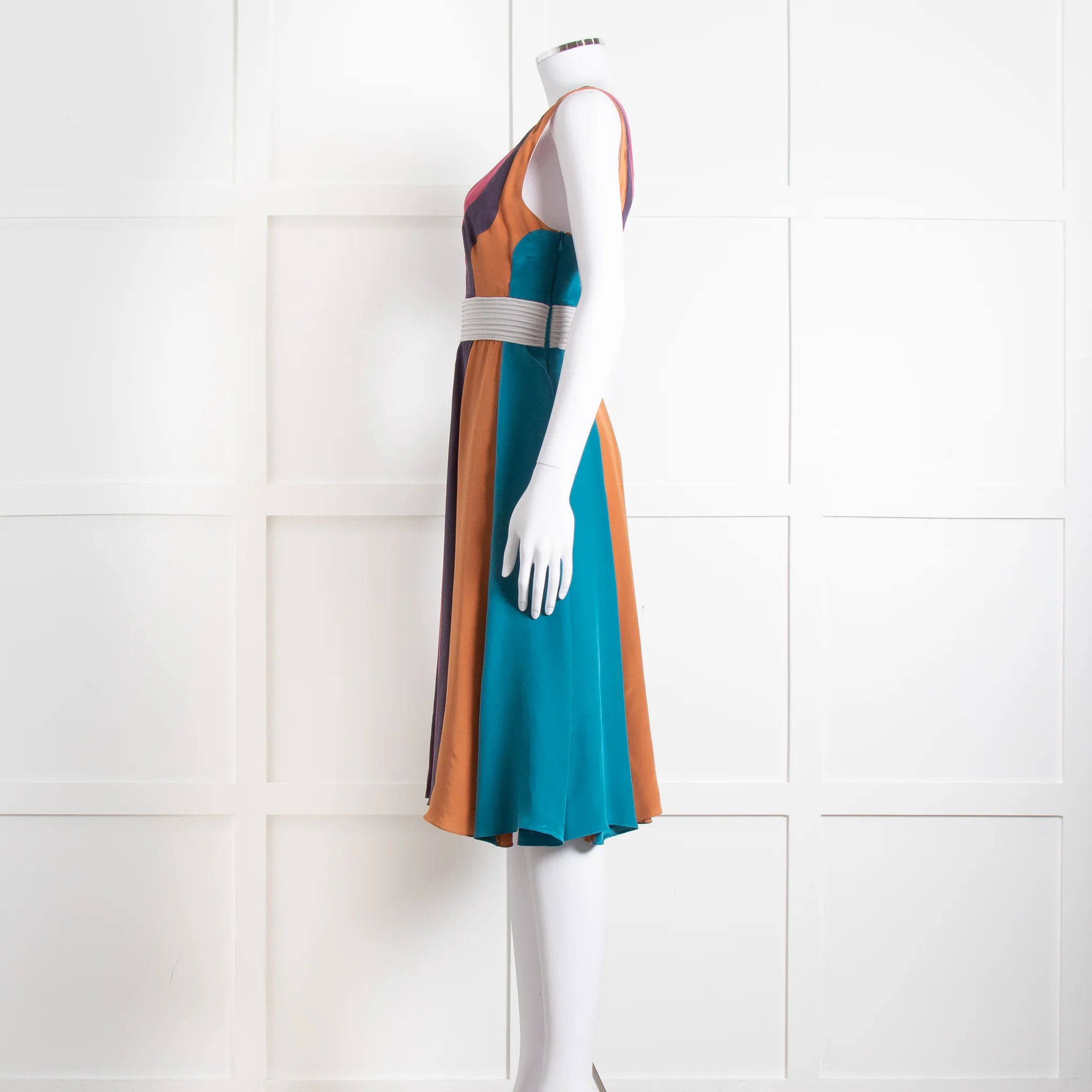 Emilio De La Morena Vertical Purple Line Stripe Dress With Grey Waistband - Image 3