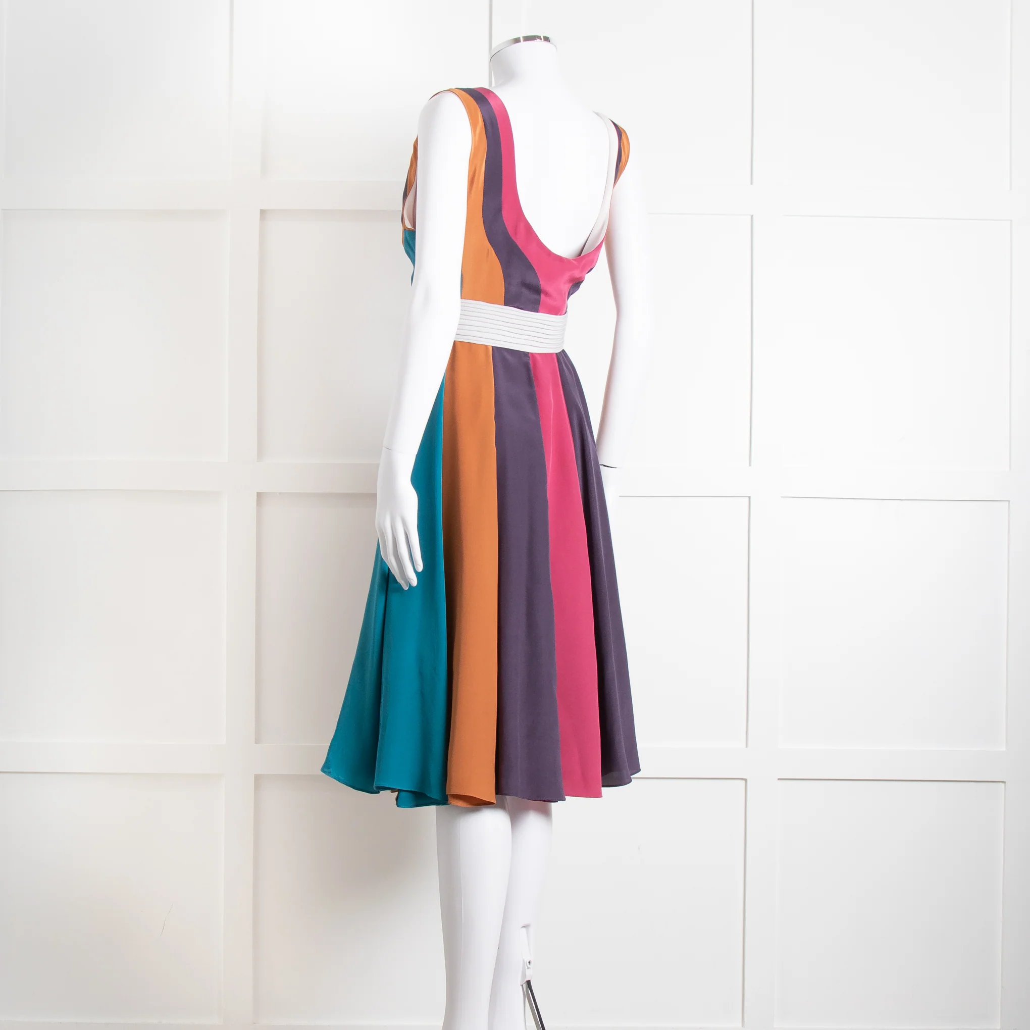 Emilio De La Morena Vertical Purple Line Stripe Dress With Grey Waistband - Image 4