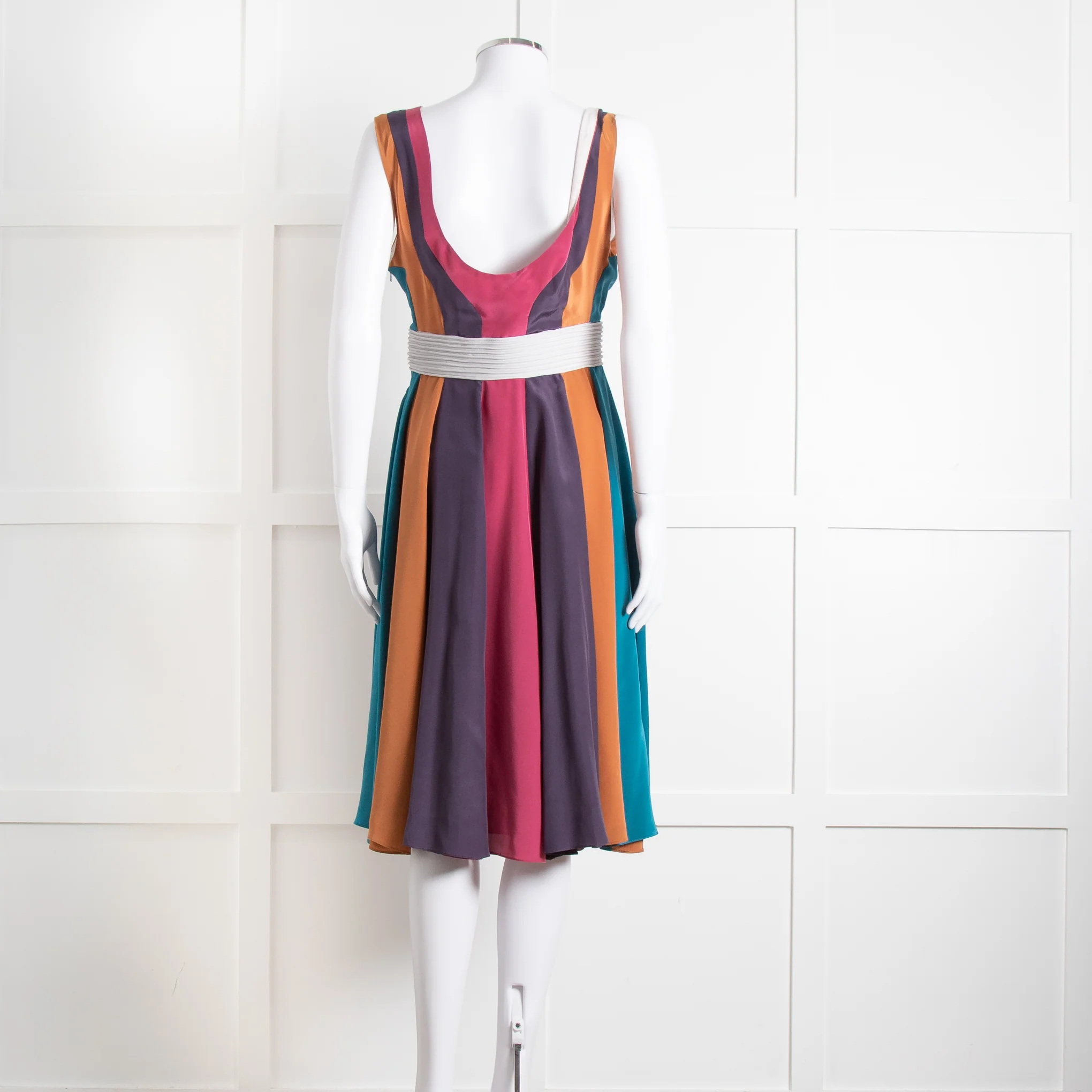 Emilio De La Morena Vertical Purple Line Stripe Dress With Grey Waistband - Image 5