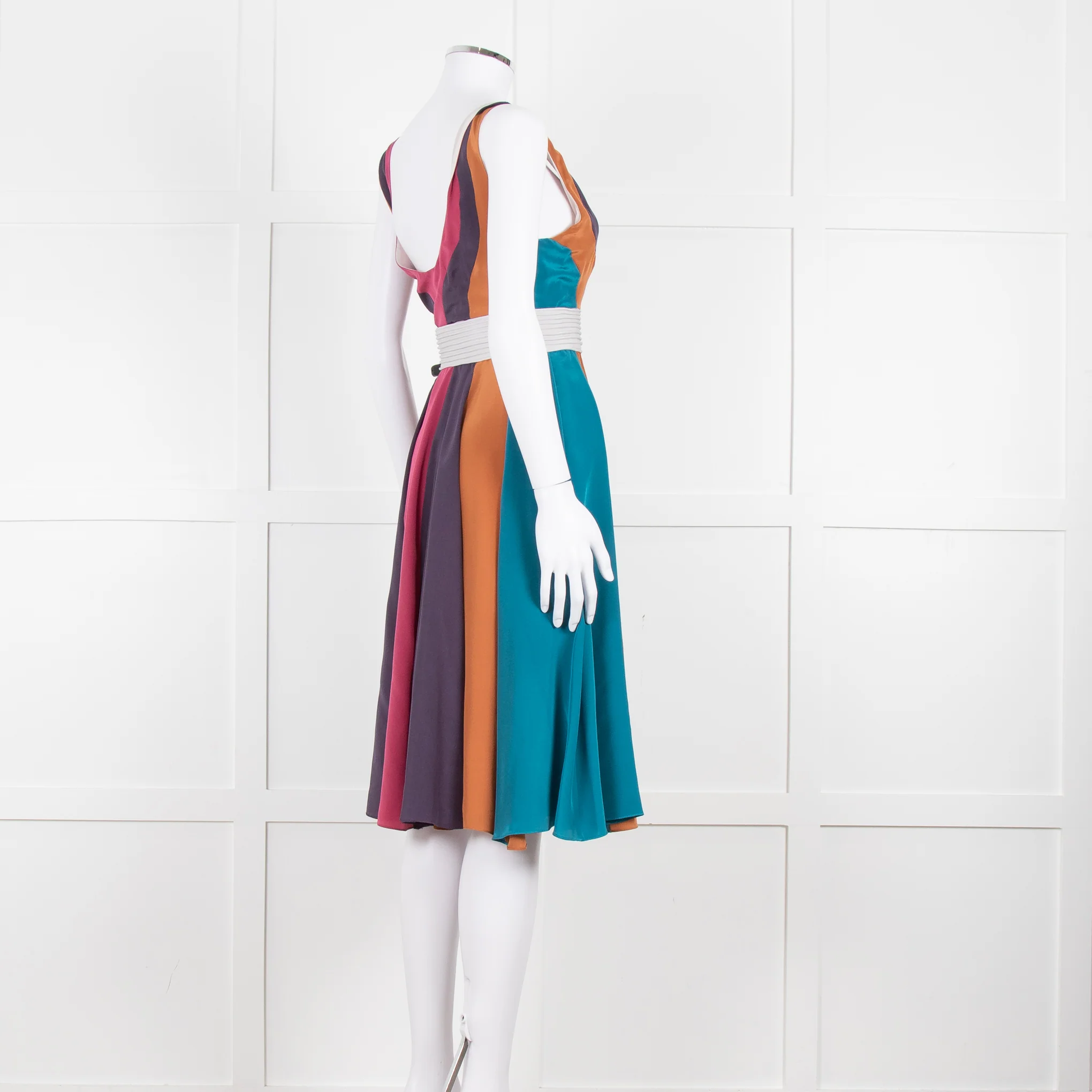 Emilio De La Morena Vertical Purple Line Stripe Dress With Grey Waistband - Image 6