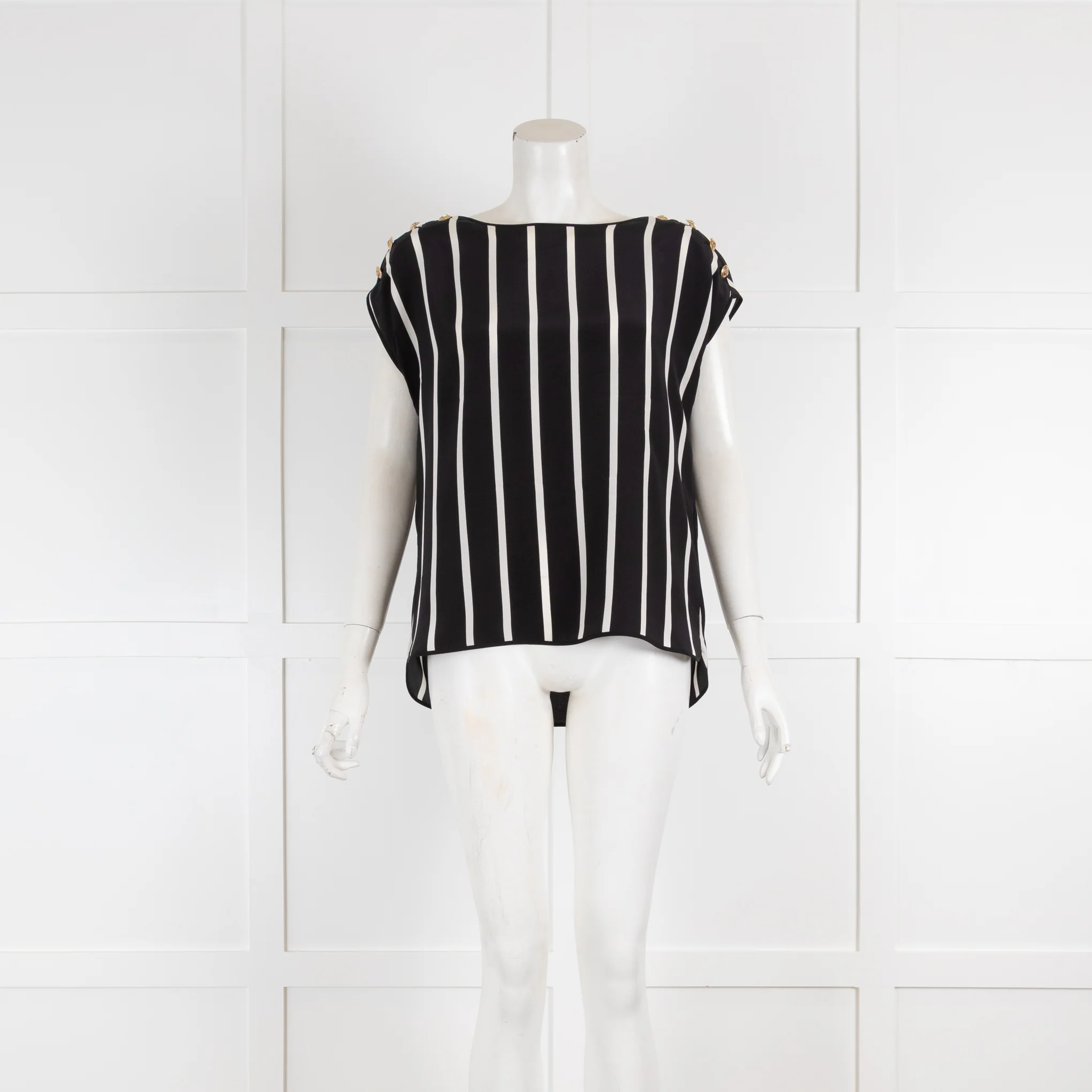 Emilio Pucci Black & White Stripe Silk Top with Gold Button Detail