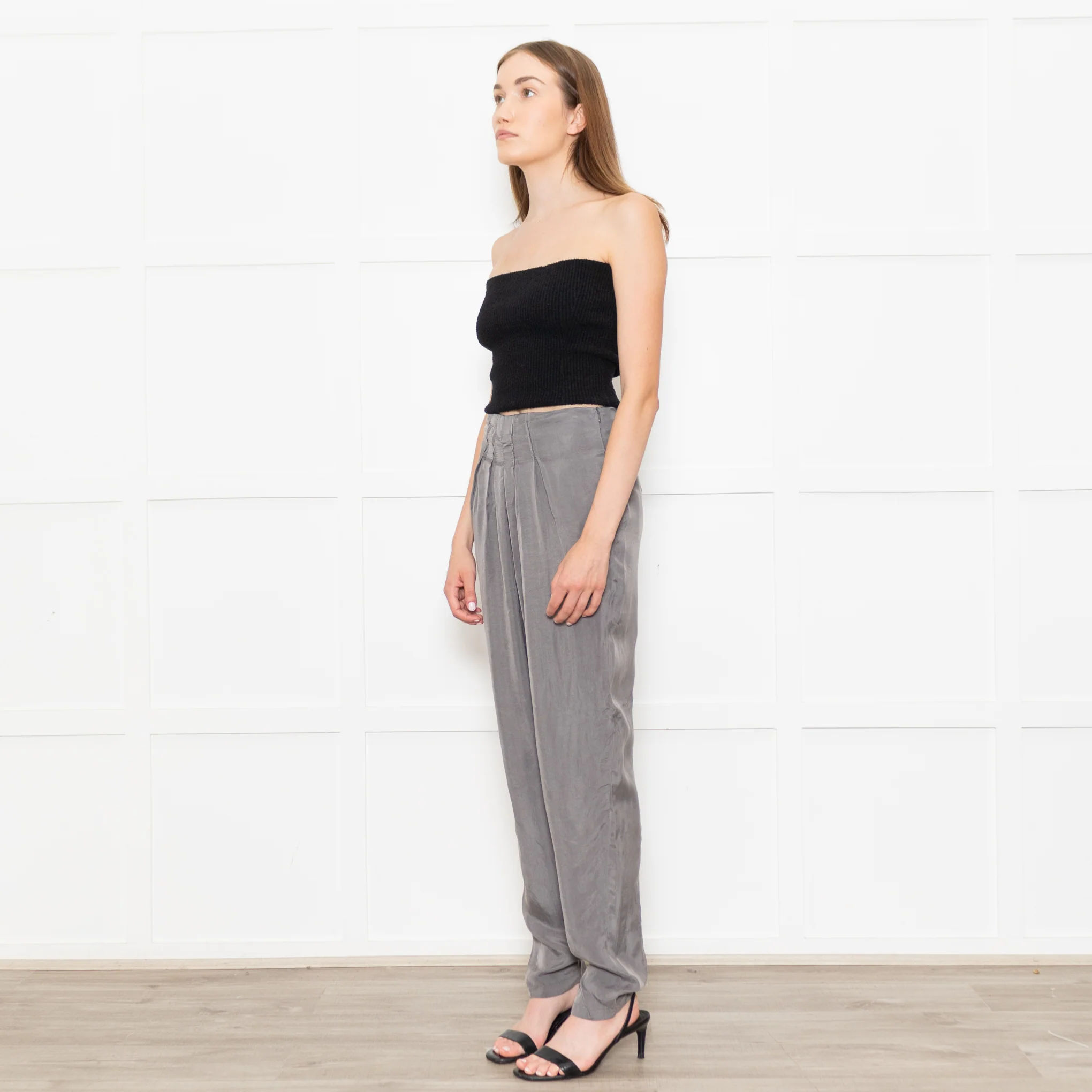 Emporio Armani Grey Front Pleats Silk Trousers - Image 3