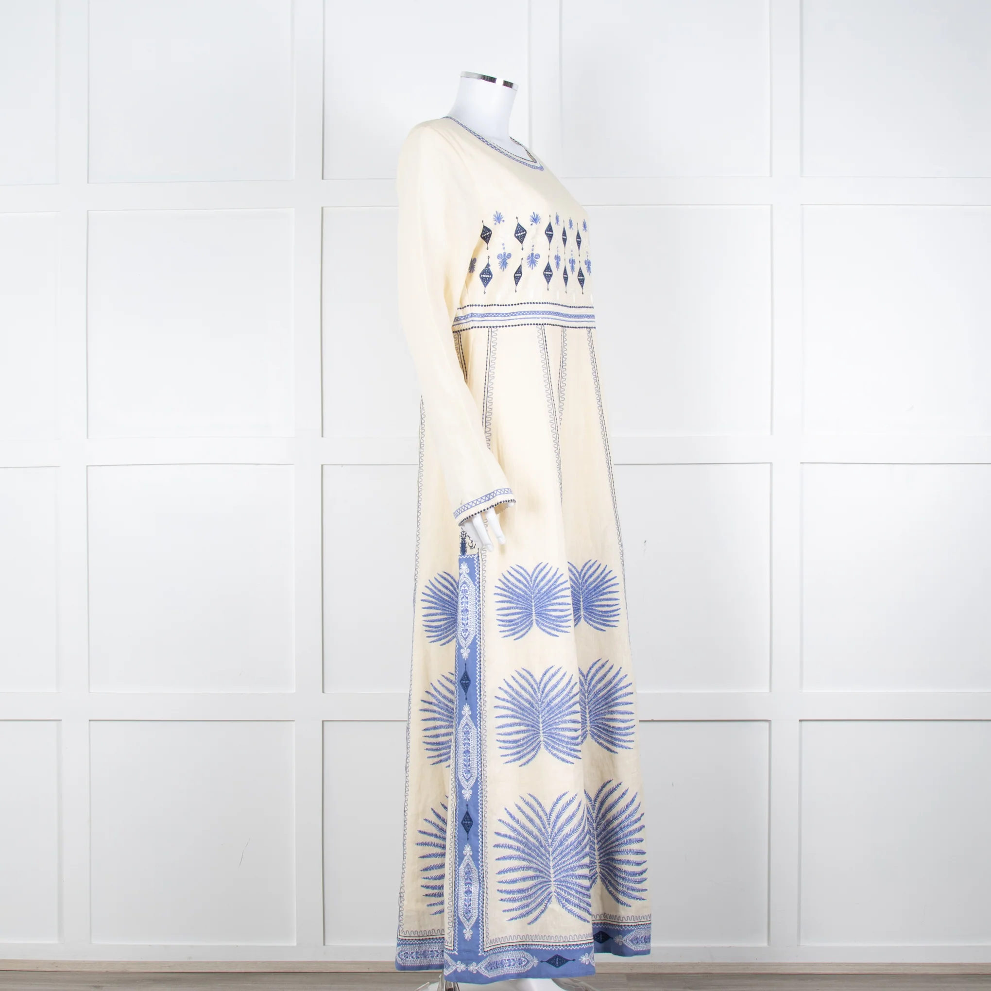 Emporio Sirenuse Cream Blue Embroidery Cotton Linen Blend Maxi Dress6 - Image 2