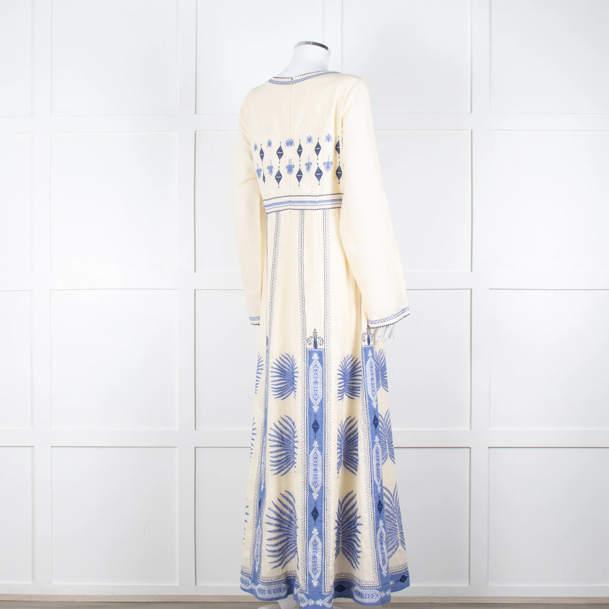 Emporio Sirenuse Cream Blue Embroidery Cotton Linen Blend Maxi Dress6 - Image 4