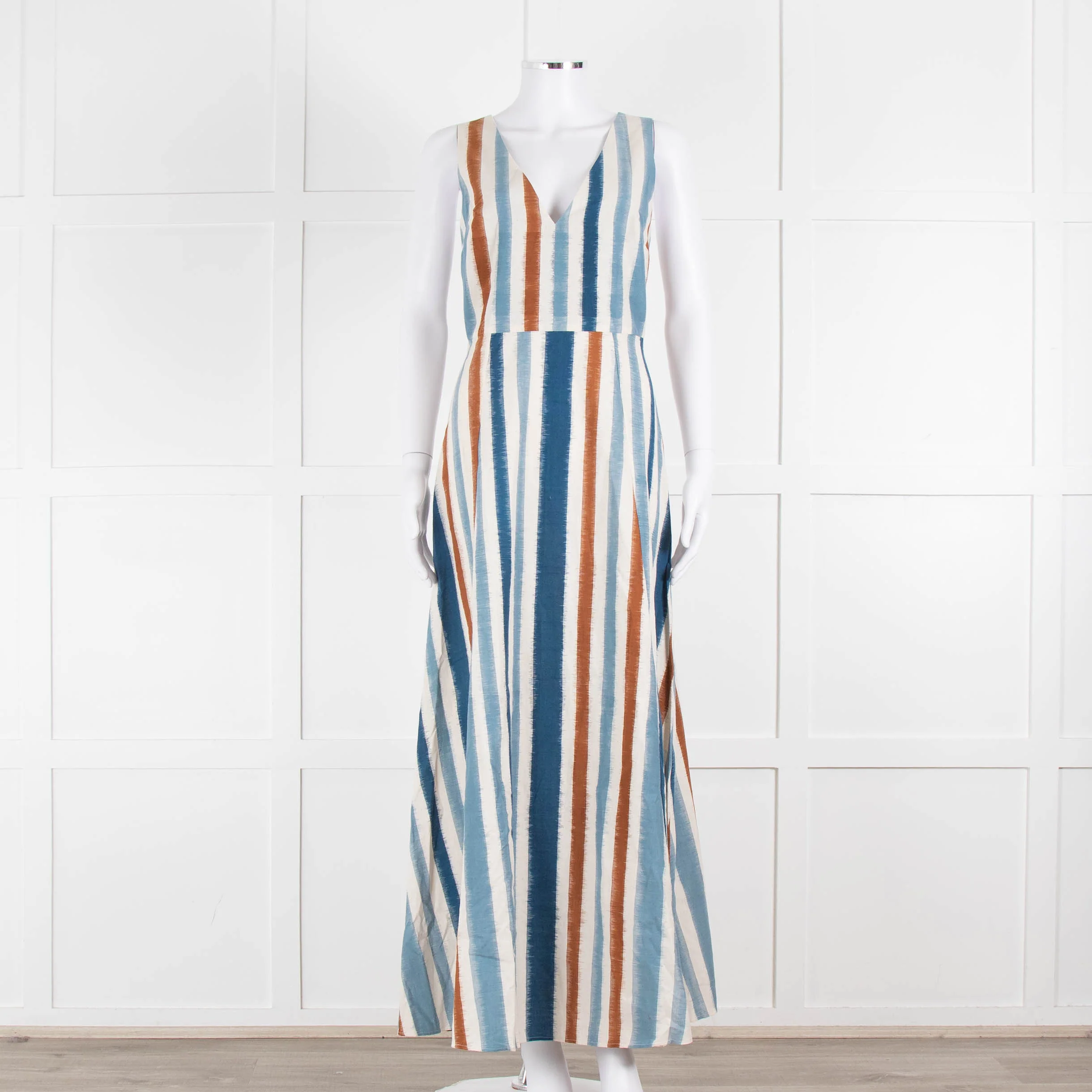 Emporio Sirenuse Cream Brown Blue Stripes Sleeveless Long Dress