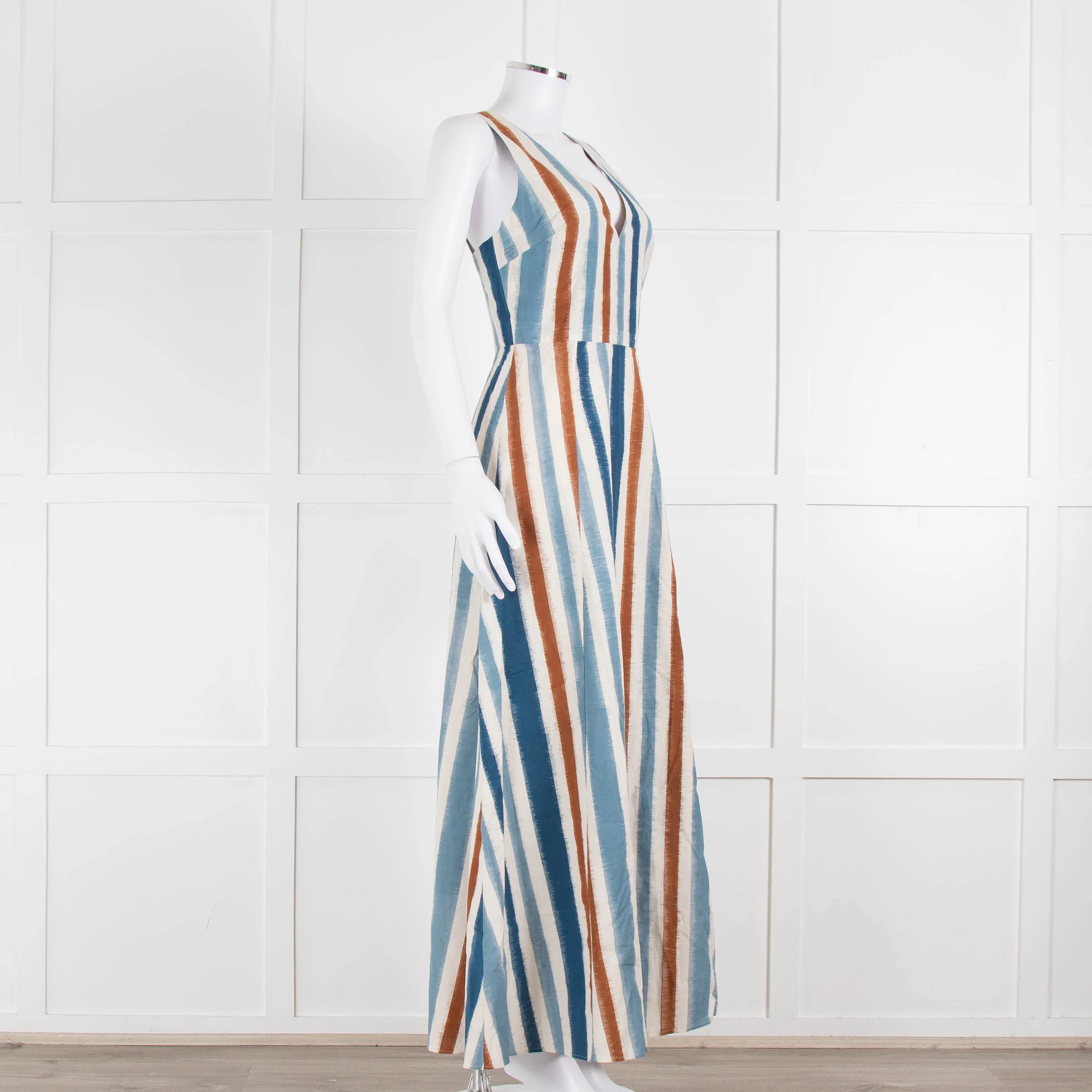 Emporio Sirenuse Cream Brown Blue Stripes Sleeveless Long Dress - Image 2