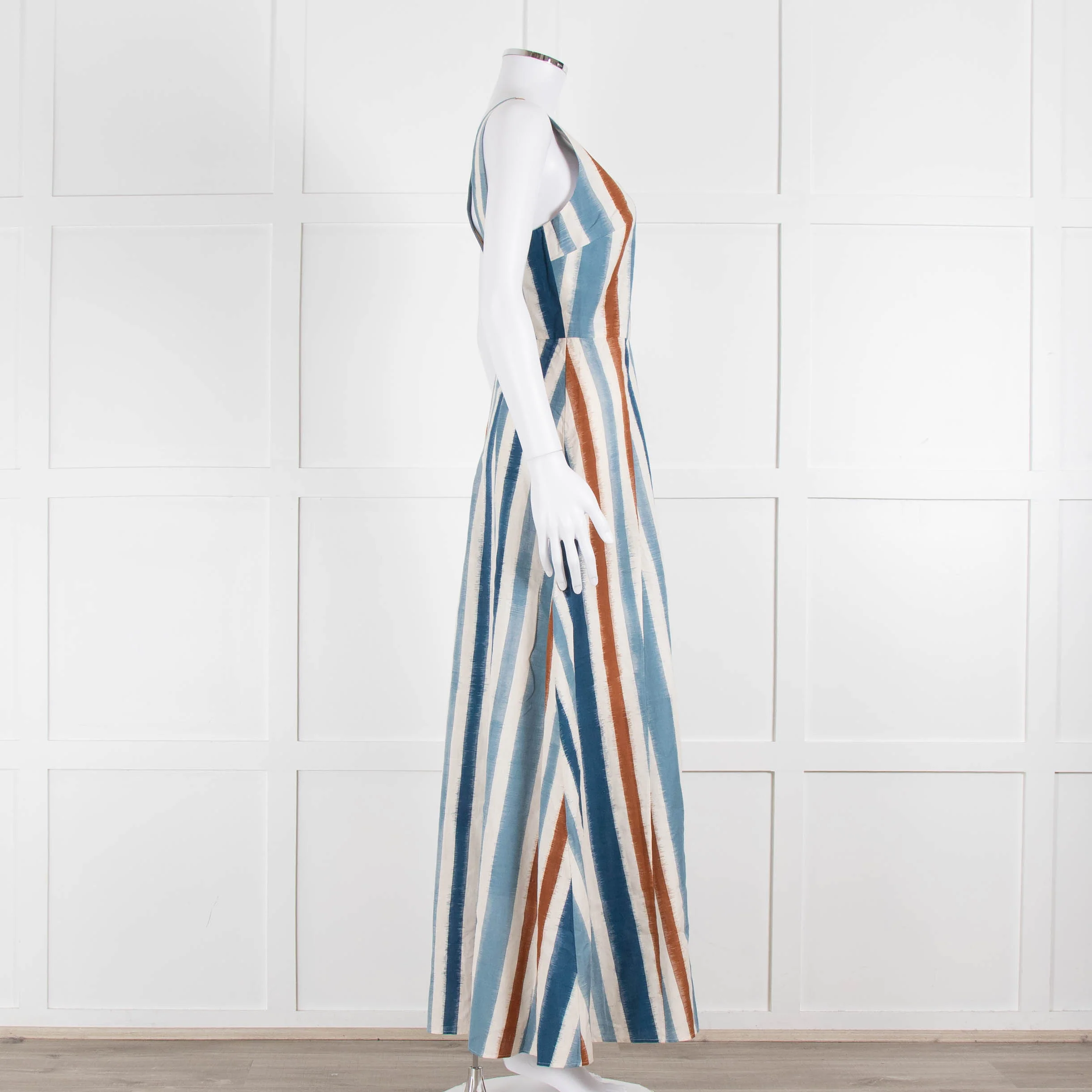 Emporio Sirenuse Cream Brown Blue Stripes Sleeveless Long Dress - Image 3