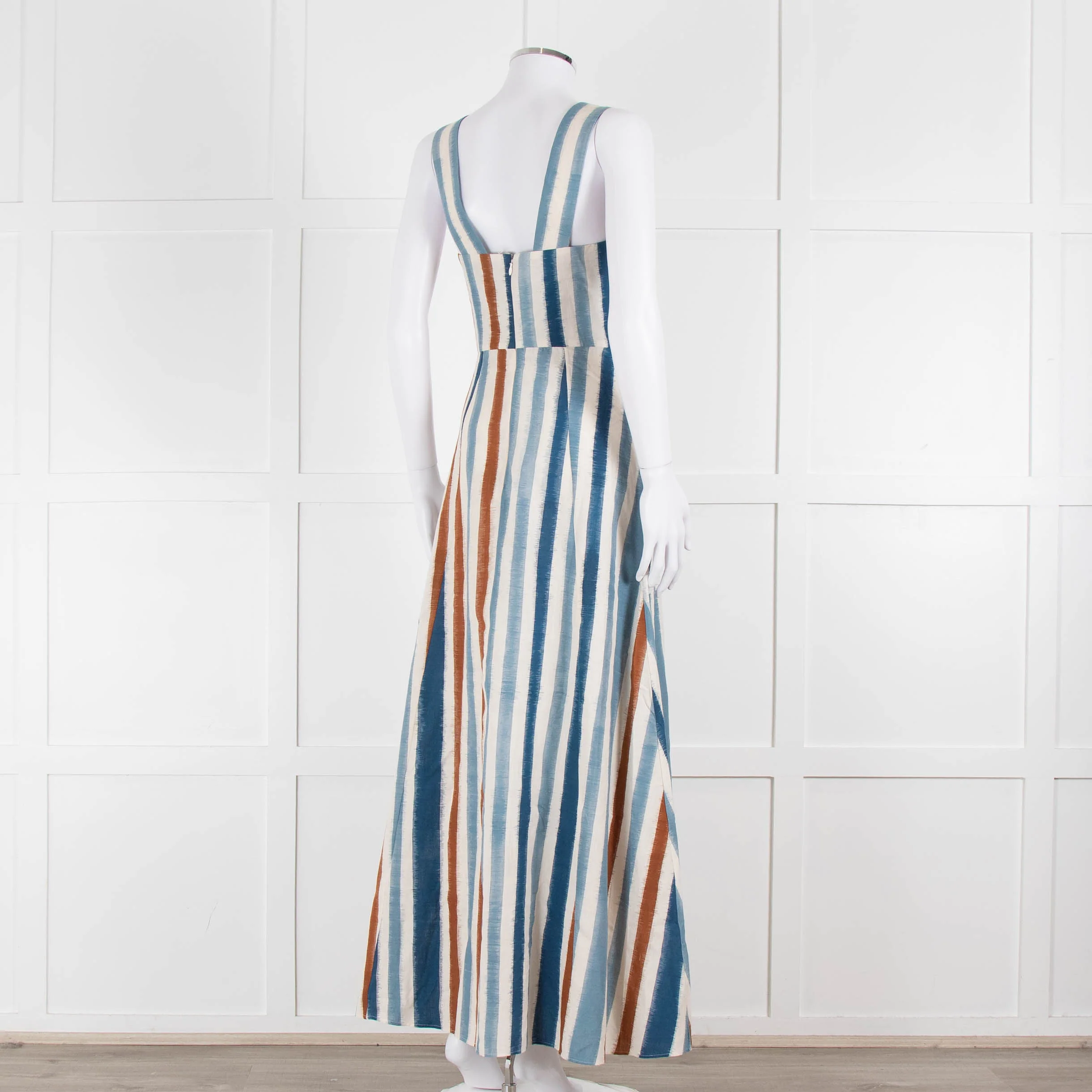 Emporio Sirenuse Cream Brown Blue Stripes Sleeveless Long Dress - Image 4