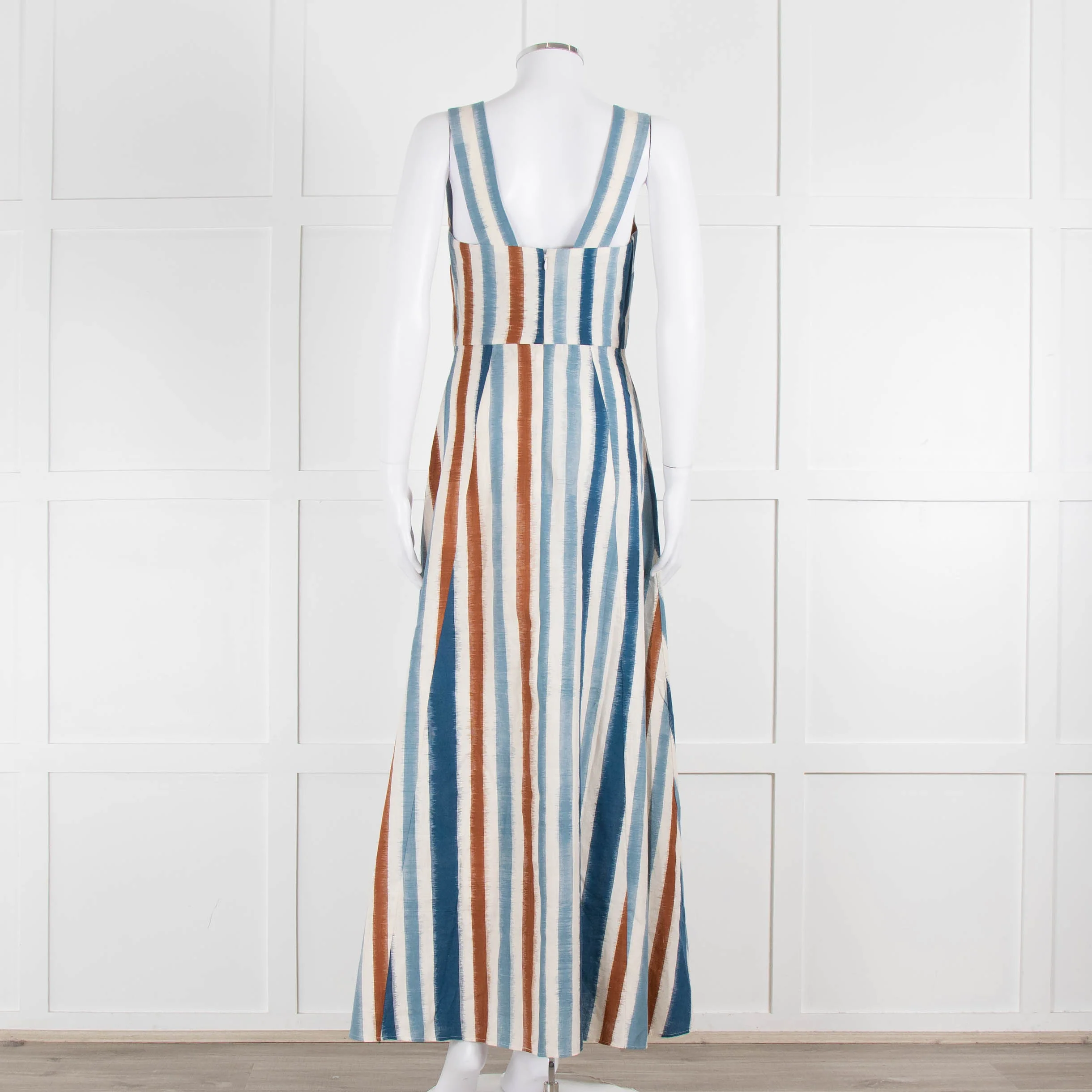 Emporio Sirenuse Cream Brown Blue Stripes Sleeveless Long Dress - Image 5