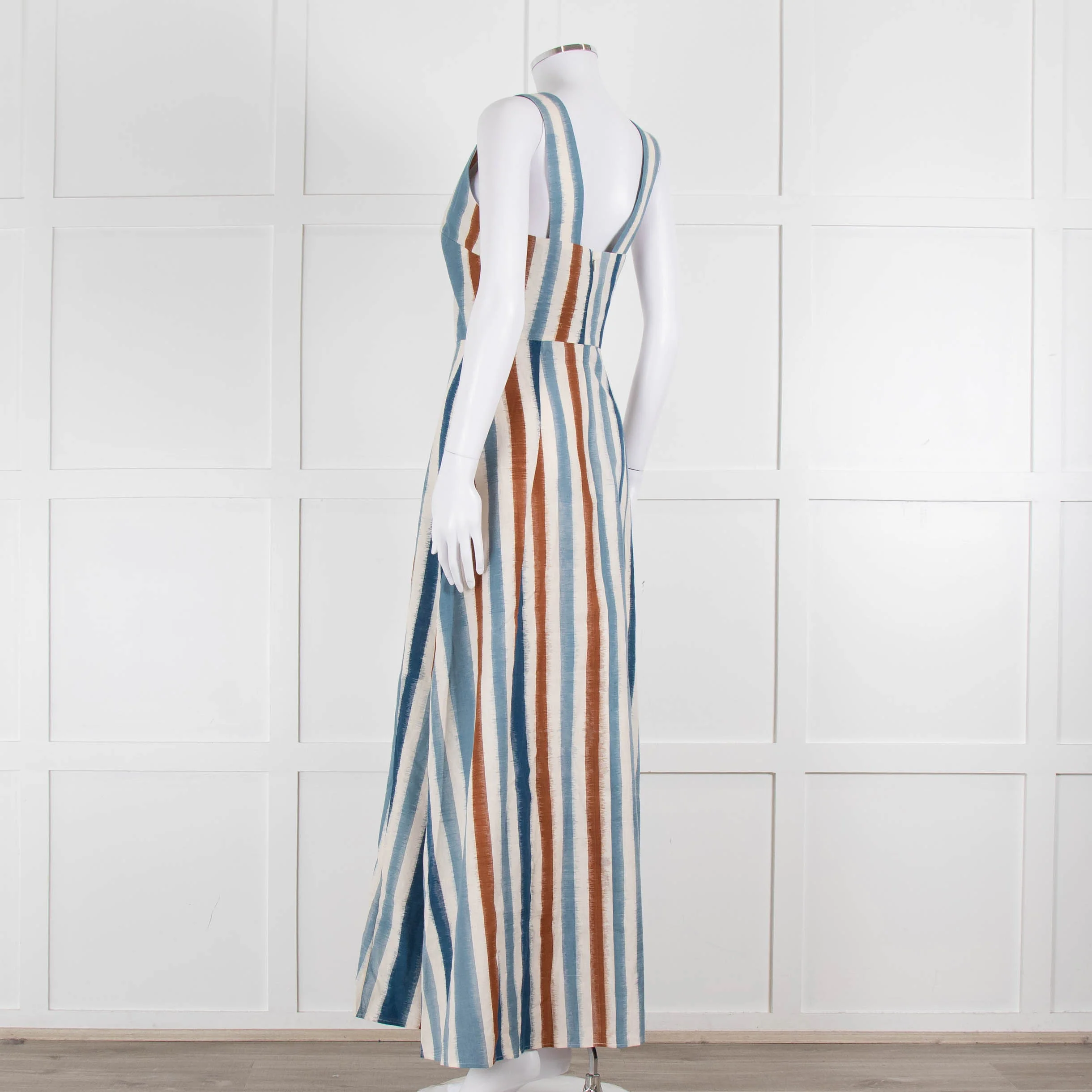 Emporio Sirenuse Cream Brown Blue Stripes Sleeveless Long Dress - Image 6