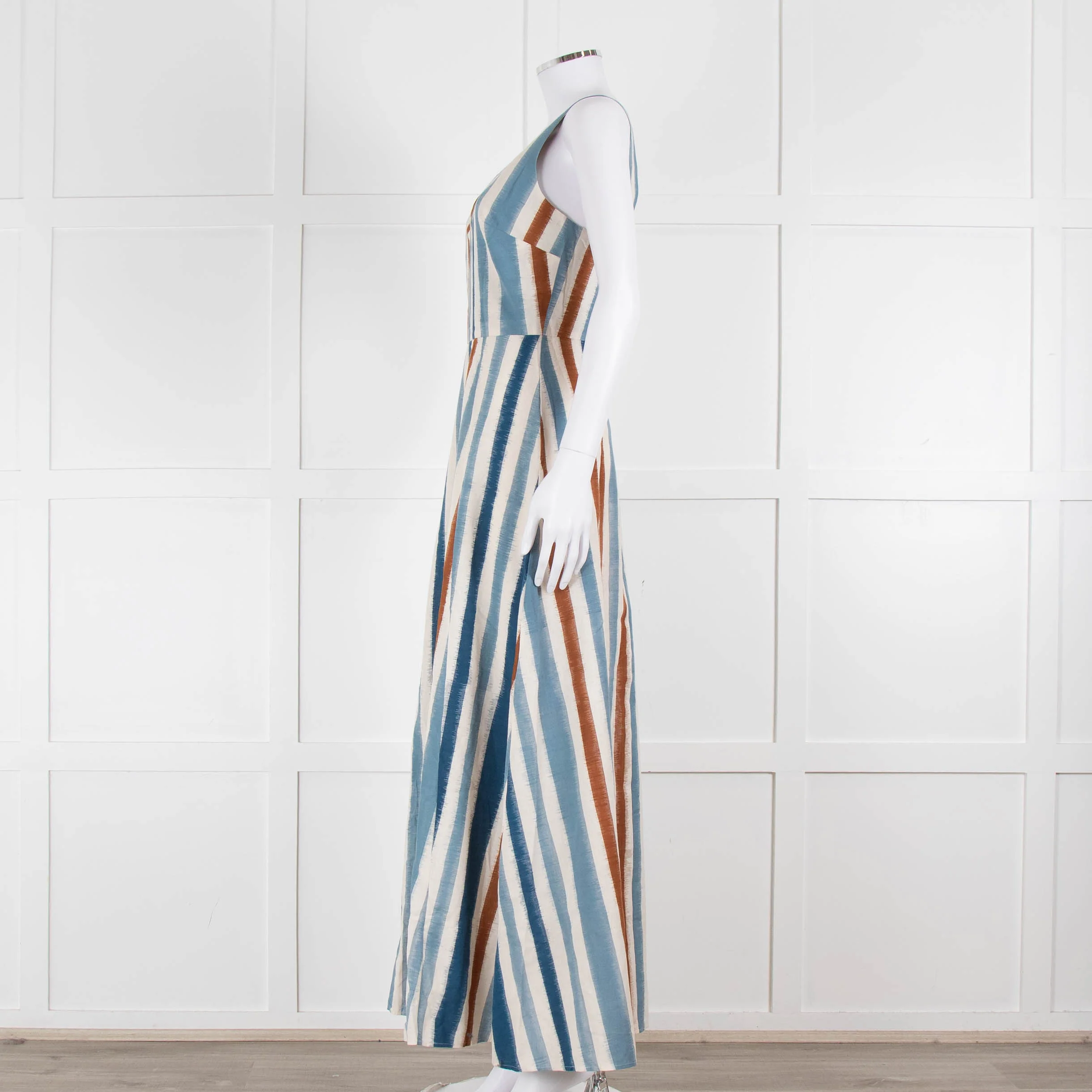 Emporio Sirenuse Cream Brown Blue Stripes Sleeveless Long Dress - Image 7