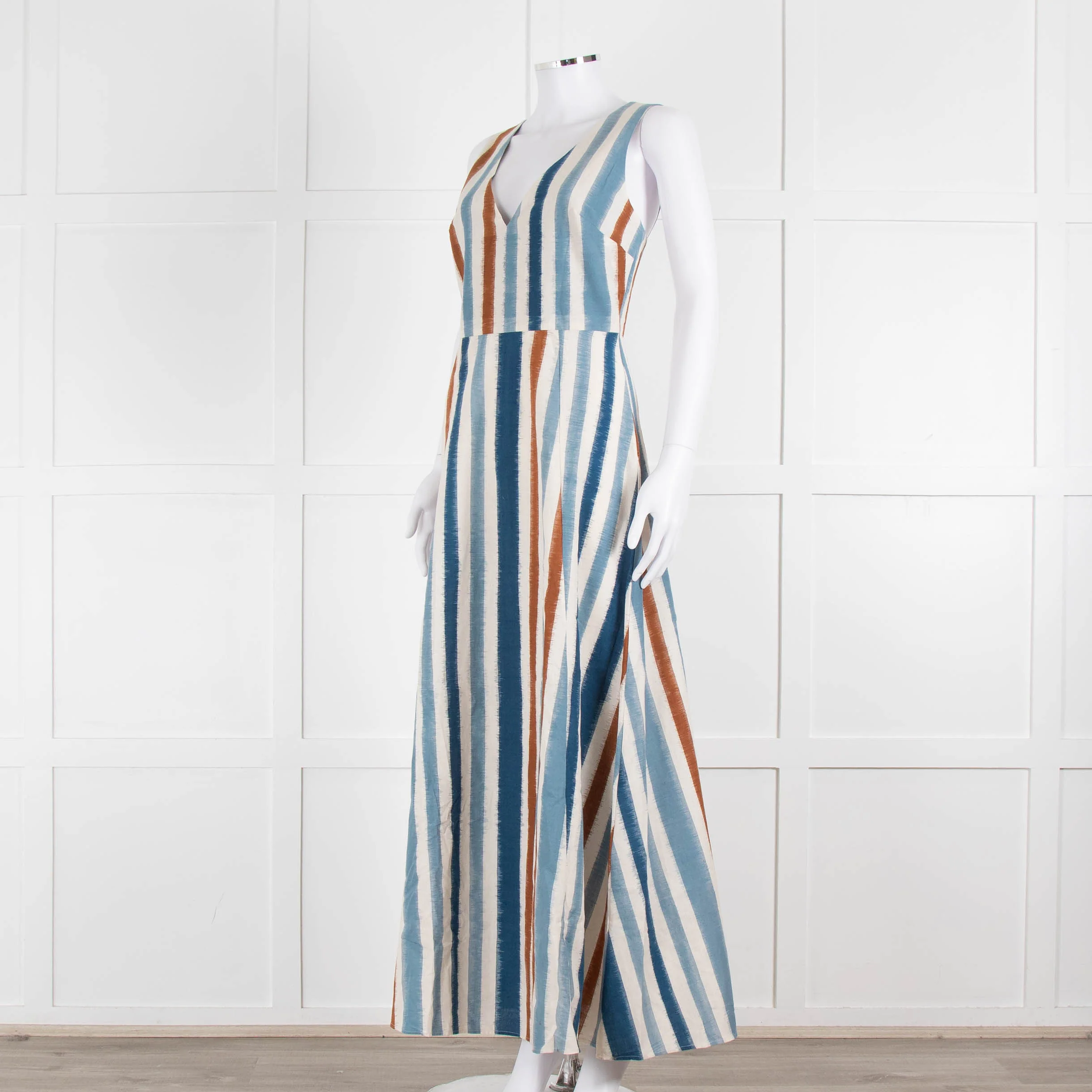 Emporio Sirenuse Cream Brown Blue Stripes Sleeveless Long Dress - Image 8