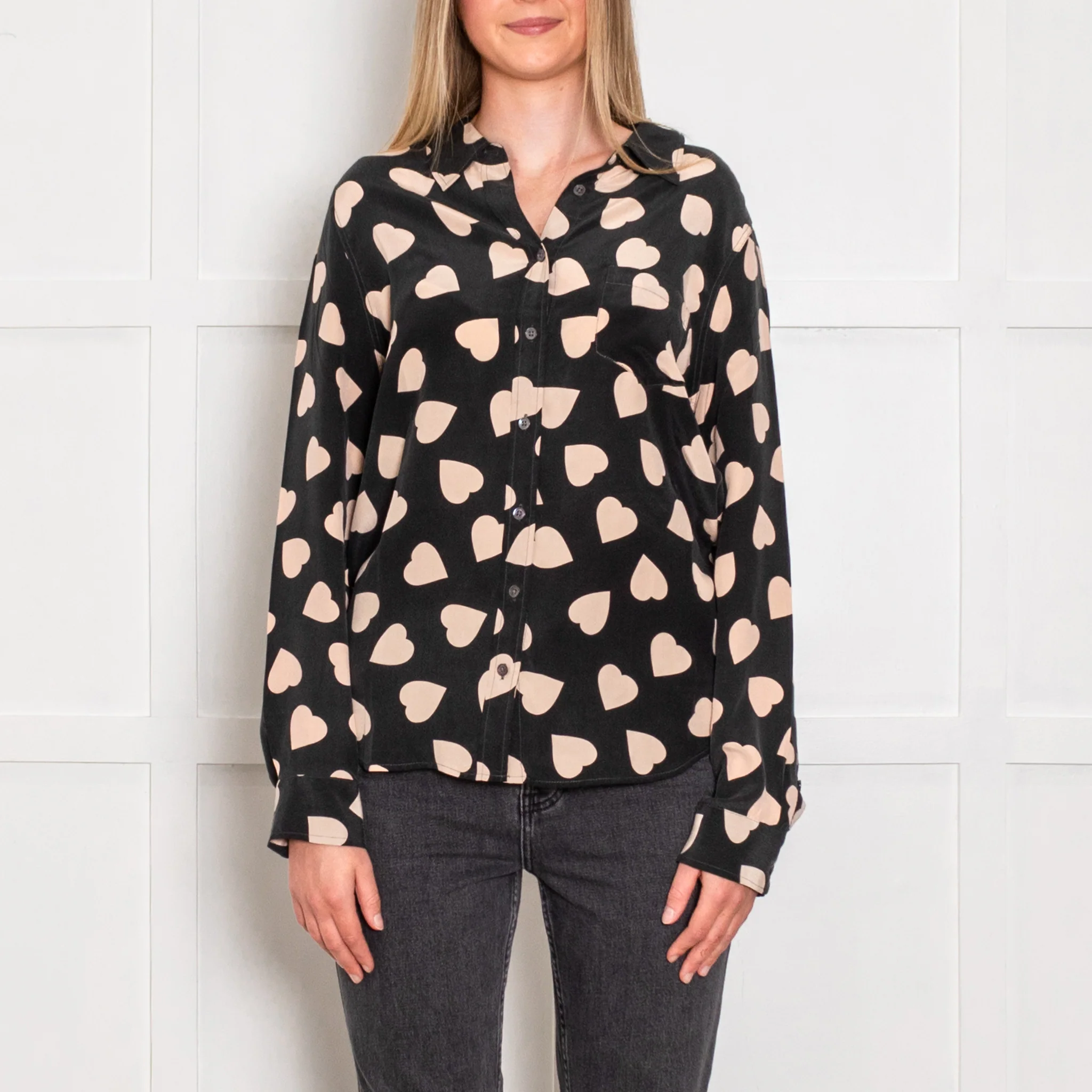 Equipment Black and Nude Heart Print Silk Shirt - Image 2