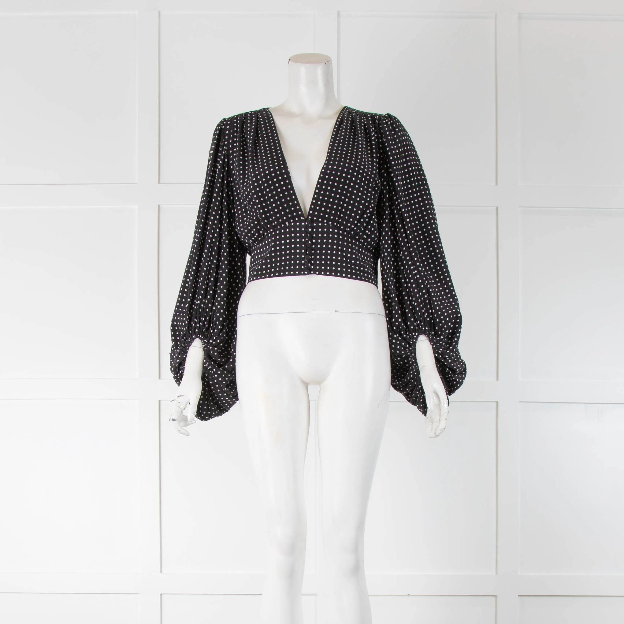 Equipment Black Polka Dot Silk Cropped Long Sleeve Top