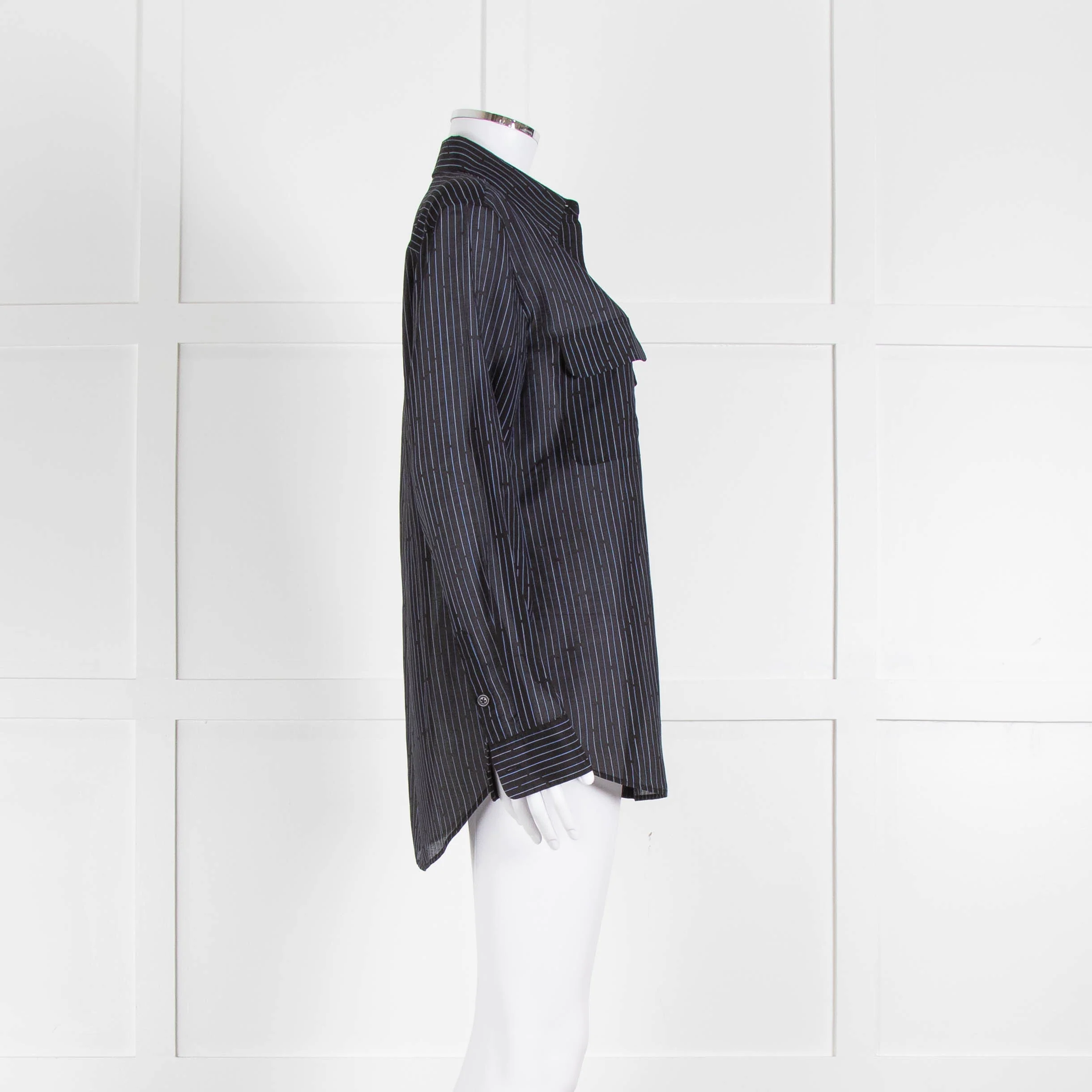 EQUIPMENT Black Silk/Cotton Mix Shirt With Blue Pin Stripes - Image 3