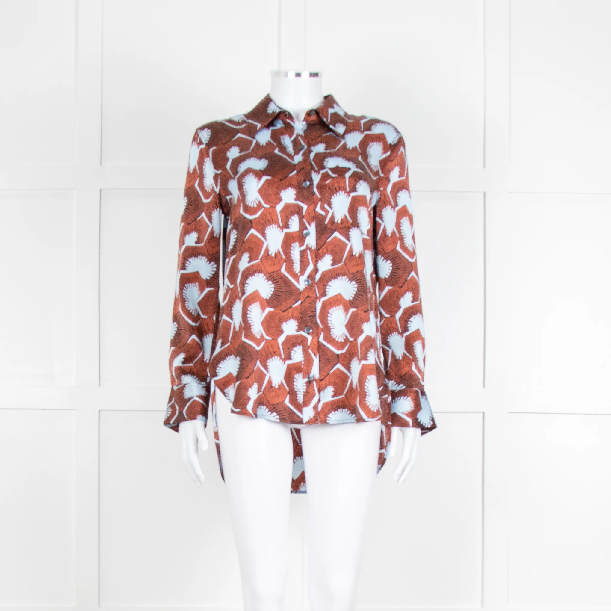 Equipment Blue and Rust Patterened Silk Shirt