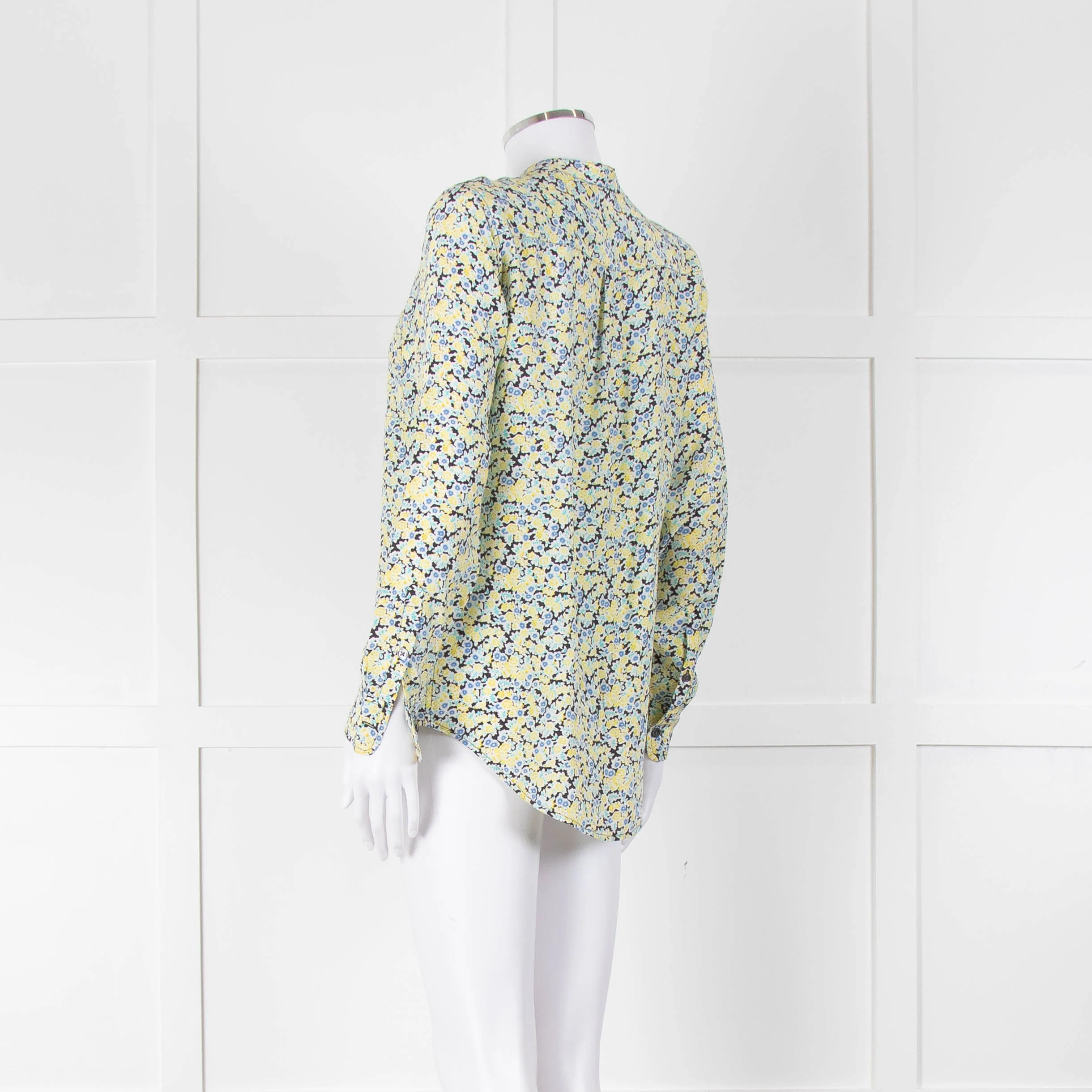 Equipment Blue and Yellow Micro Floral Print Collarless Blouse - Image 6