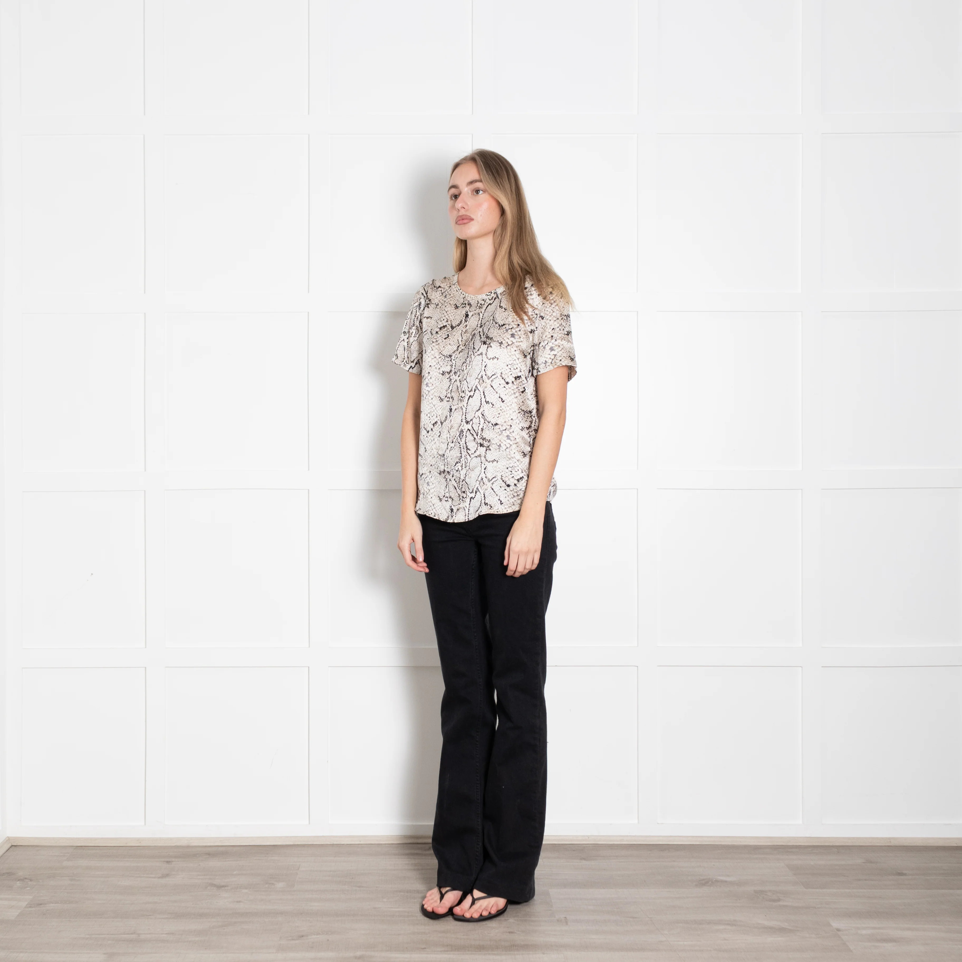 Equipment Cream Brown Silk Satin Snake Print Short Sleeve Top - Image 3