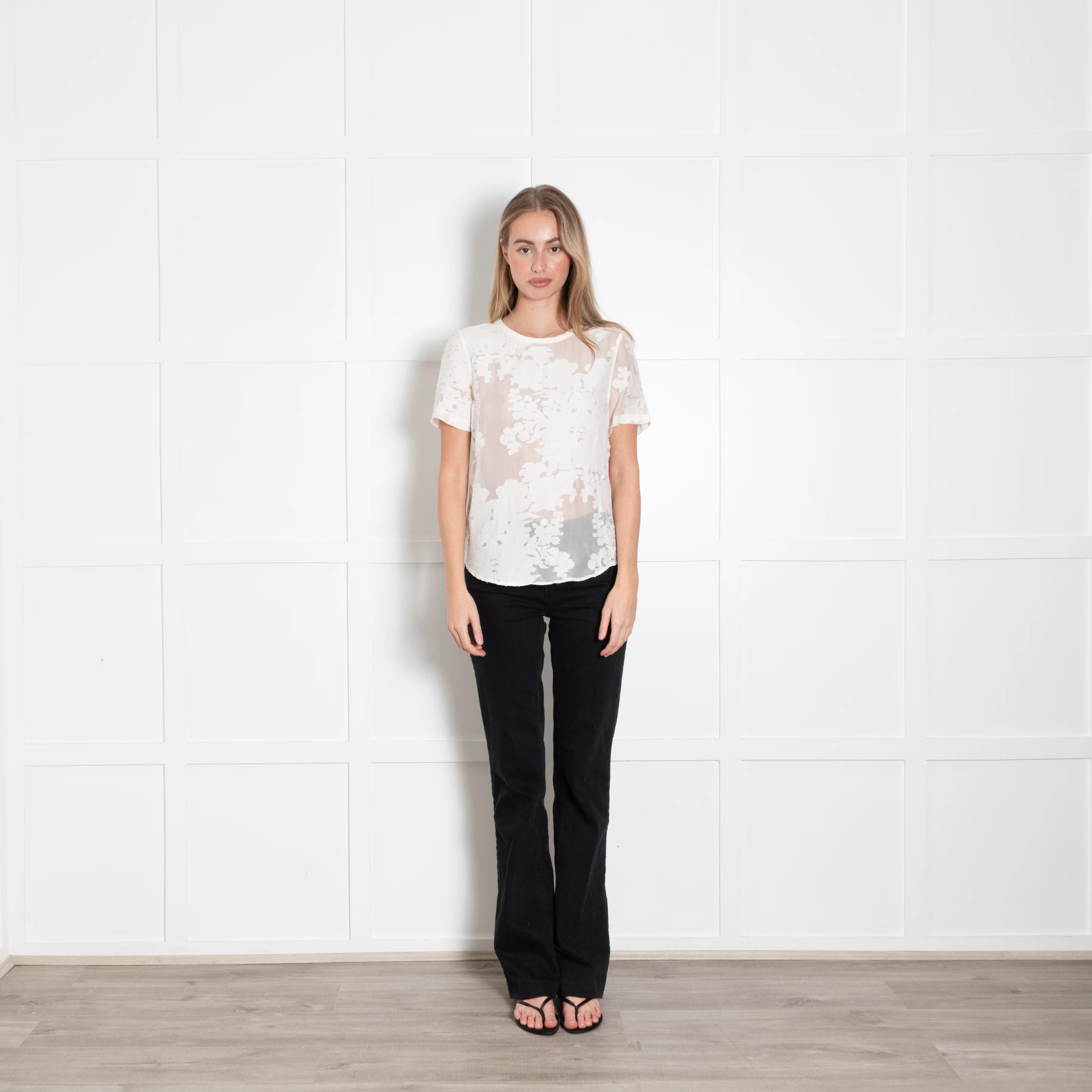 Equipment Cream Textured Floral Sheer Short Sleeve Top