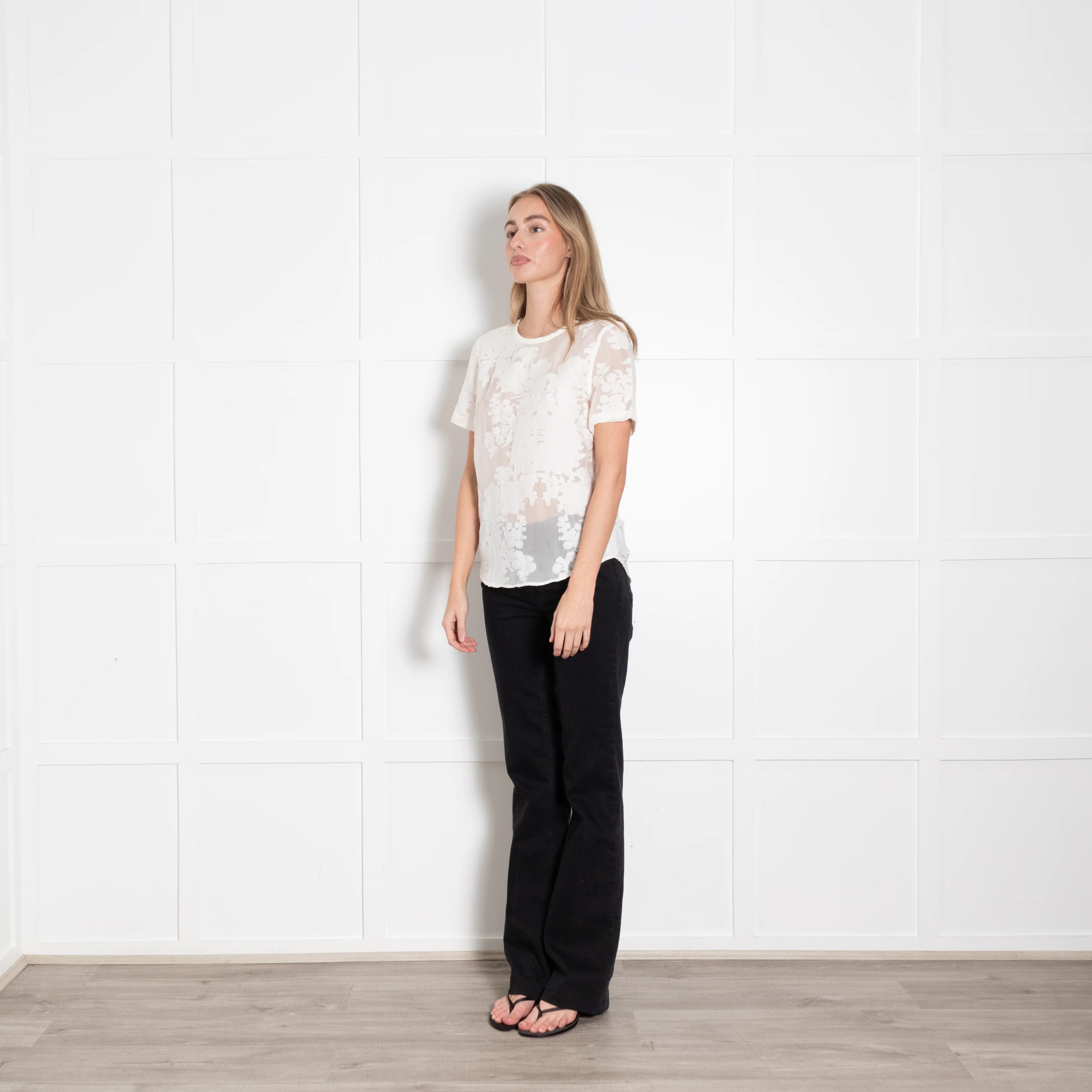 Equipment Cream Textured Floral Sheer Short Sleeve Top - Image 3