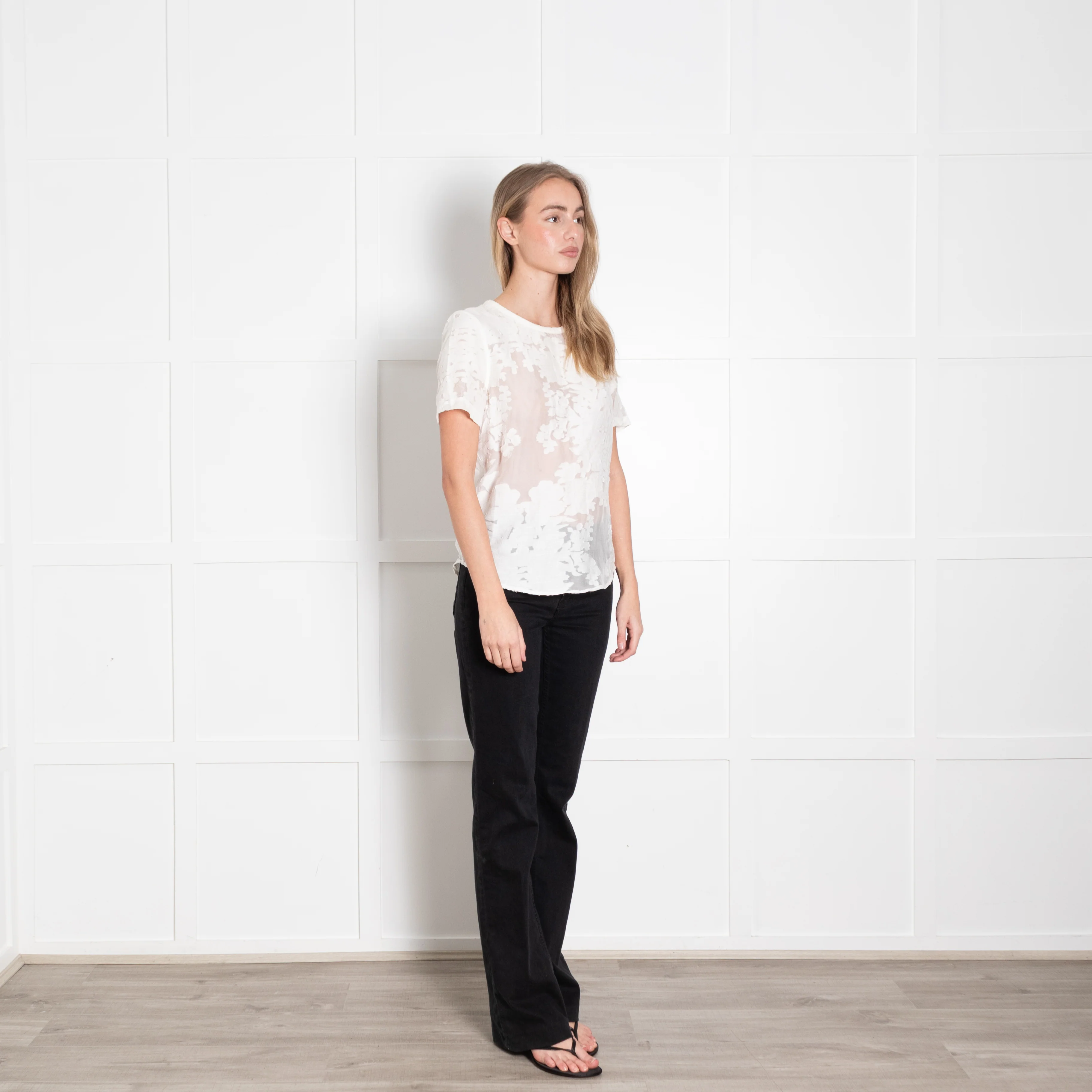 Equipment Cream Textured Floral Sheer Short Sleeve Top - Image 7