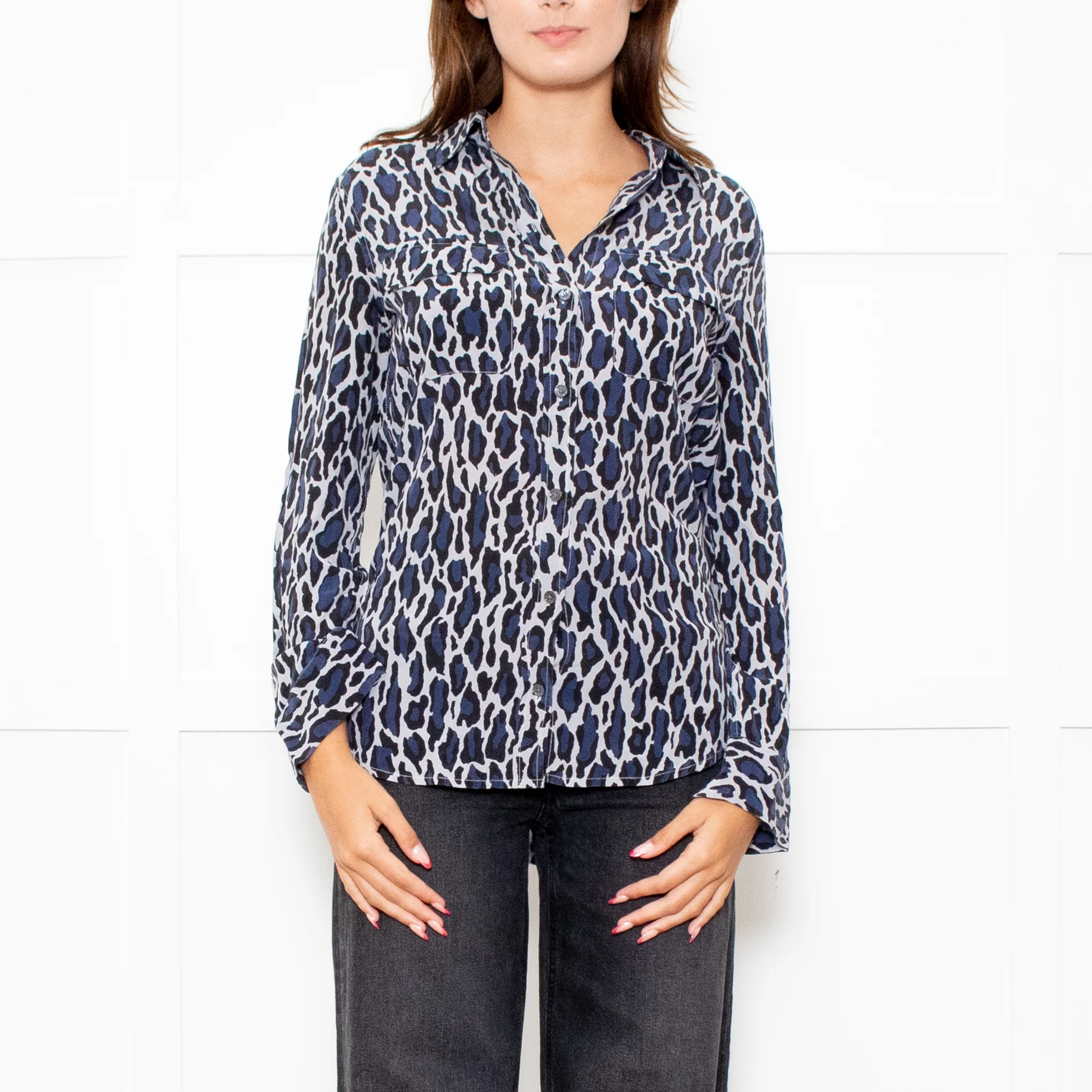 Equipment Grey Blue Black Animal Print Blouse - Image 2