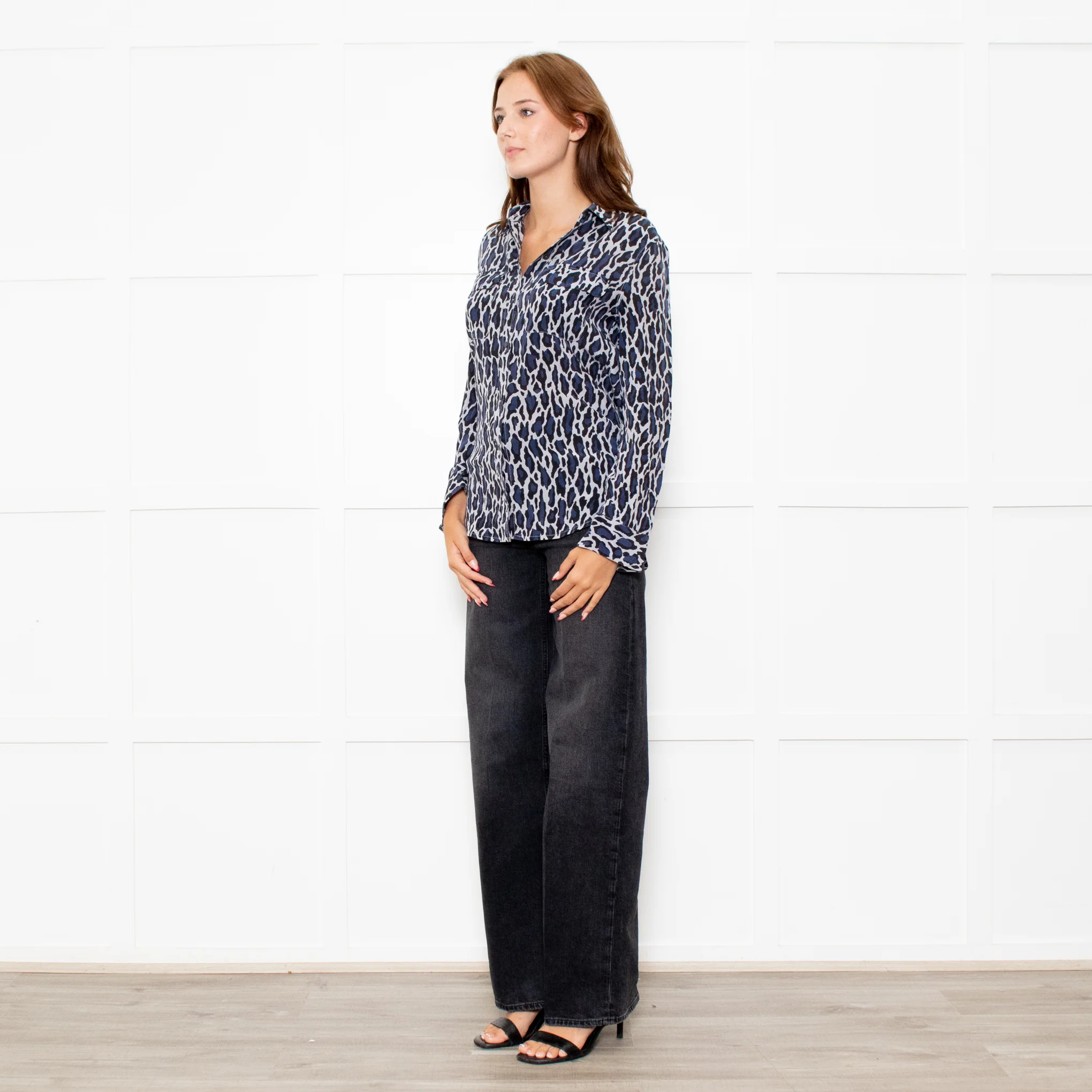 Equipment Grey Blue Black Animal Print Blouse - Image 3