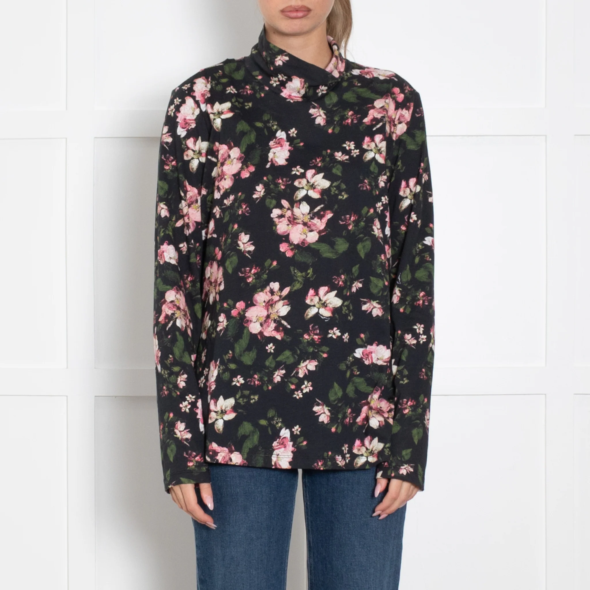 Erdem Black Pink Floral Cotton Long Sleeve Top - Image 2