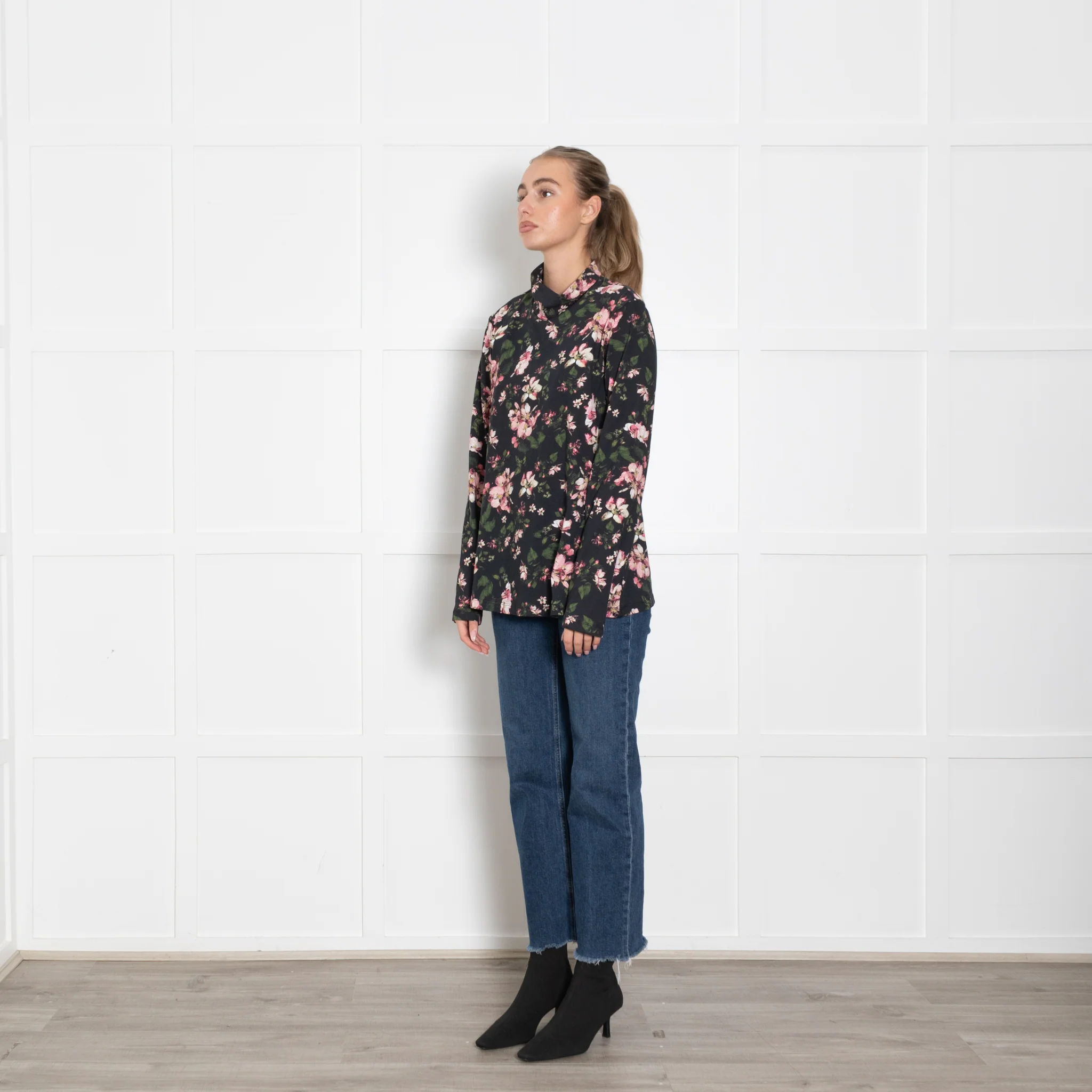 Erdem Black Pink Floral Cotton Long Sleeve Top - Image 3