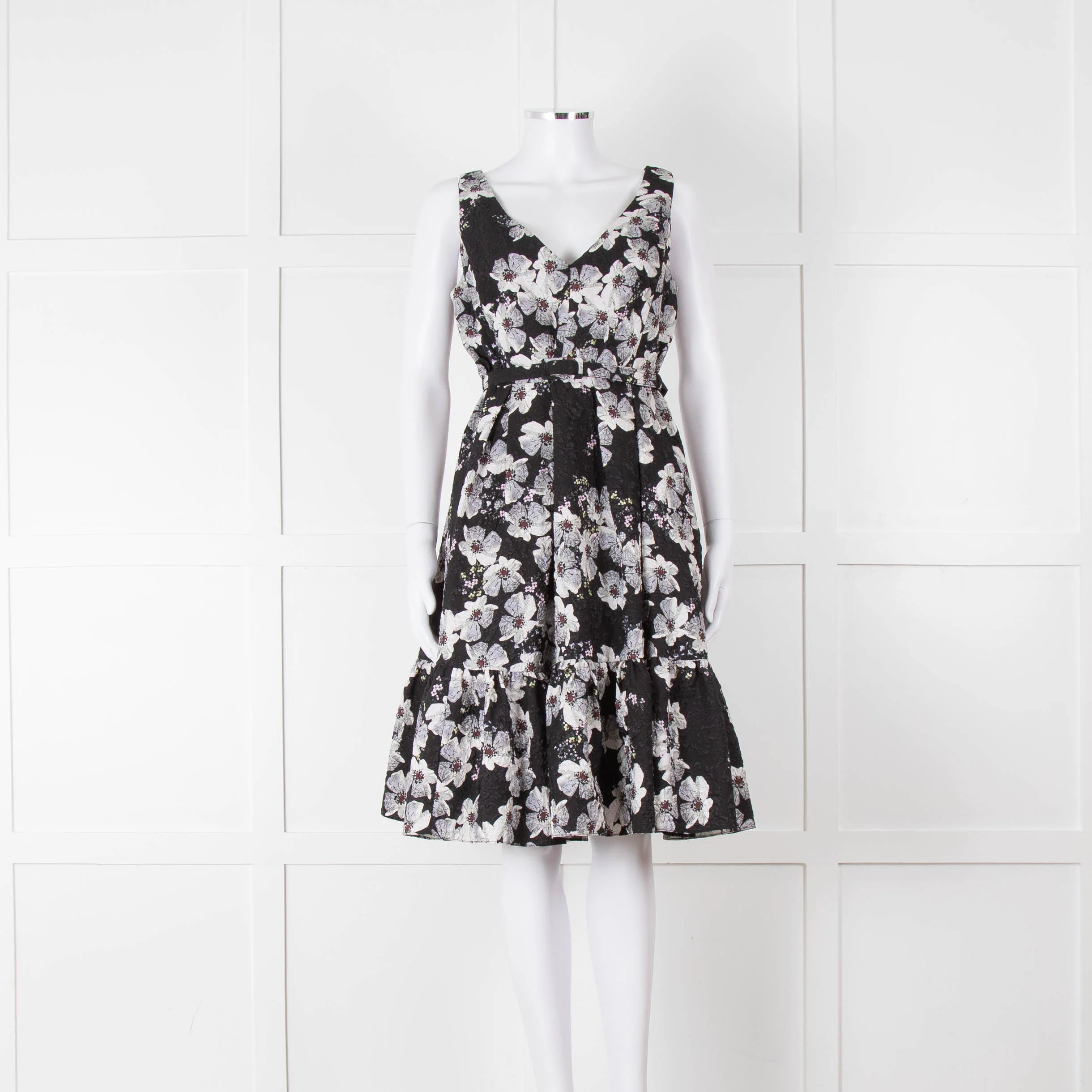Erdem Black Textured Floral Sleeveless Dress with Belt