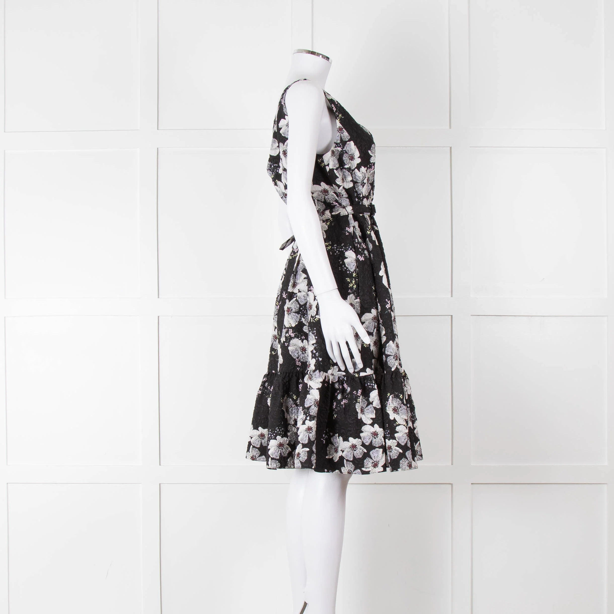 Erdem Black Textured Floral Sleeveless Dress with Belt - Image 3