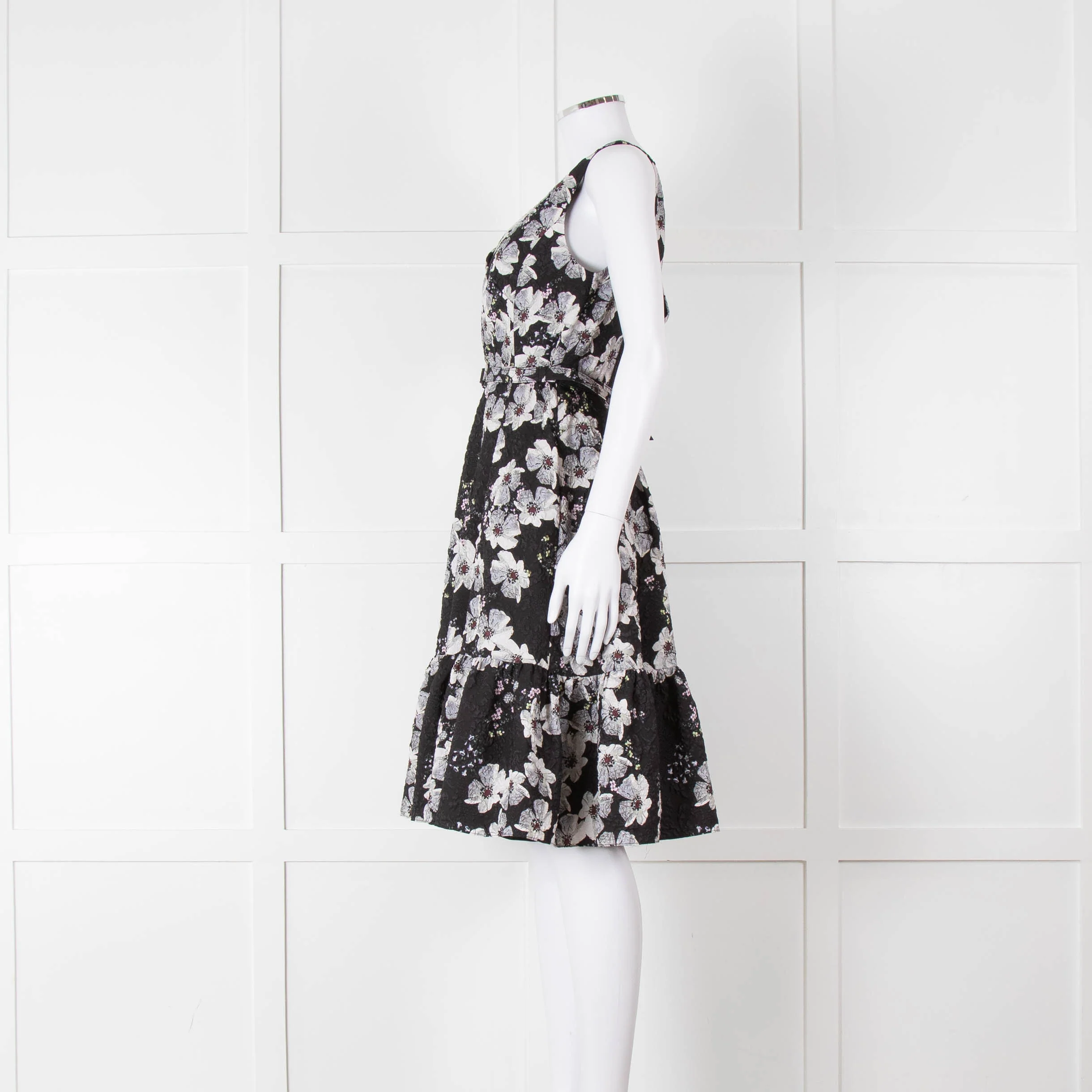 Erdem Black Textured Floral Sleeveless Dress with Belt - Image 7