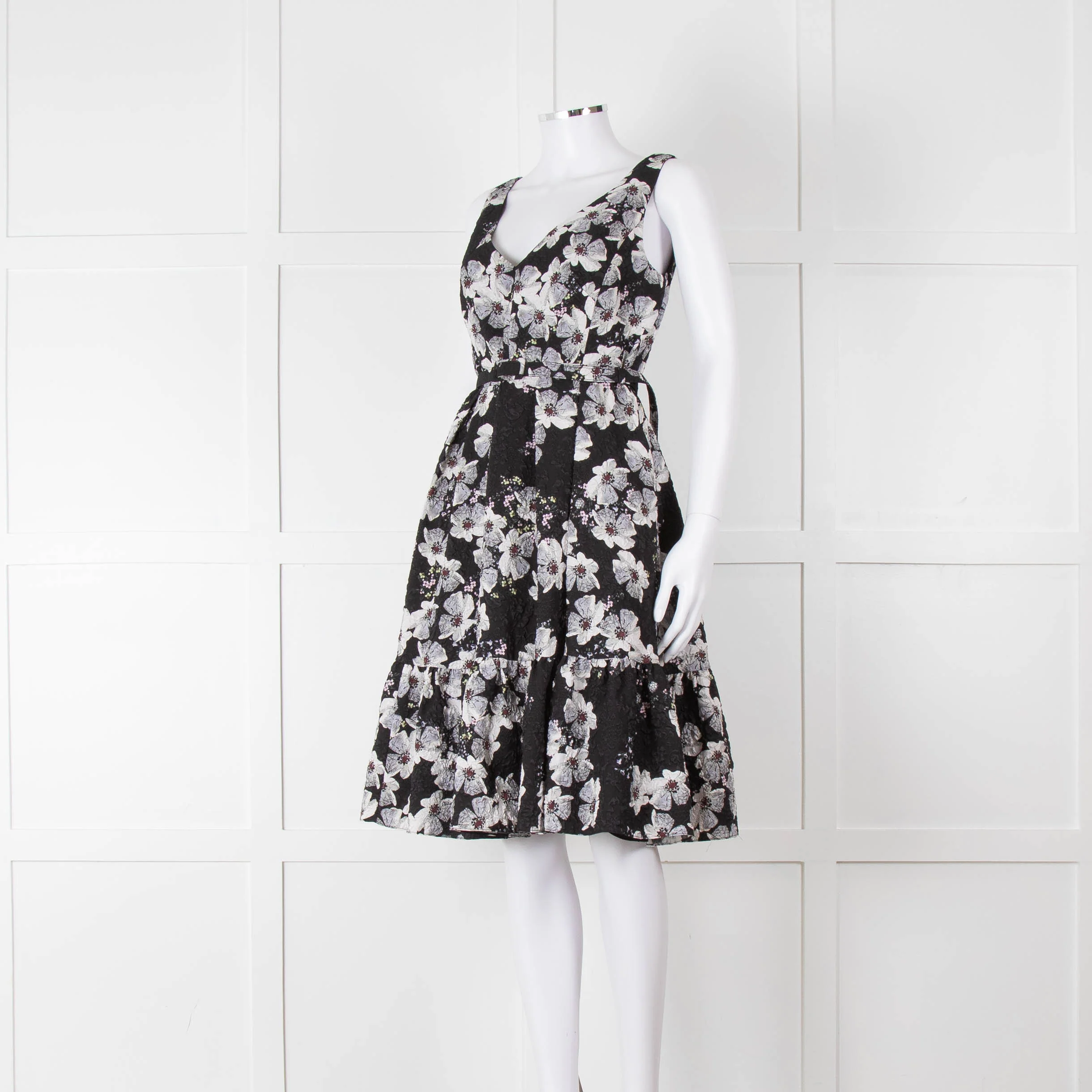 Erdem Black Textured Floral Sleeveless Dress with Belt - Image 8