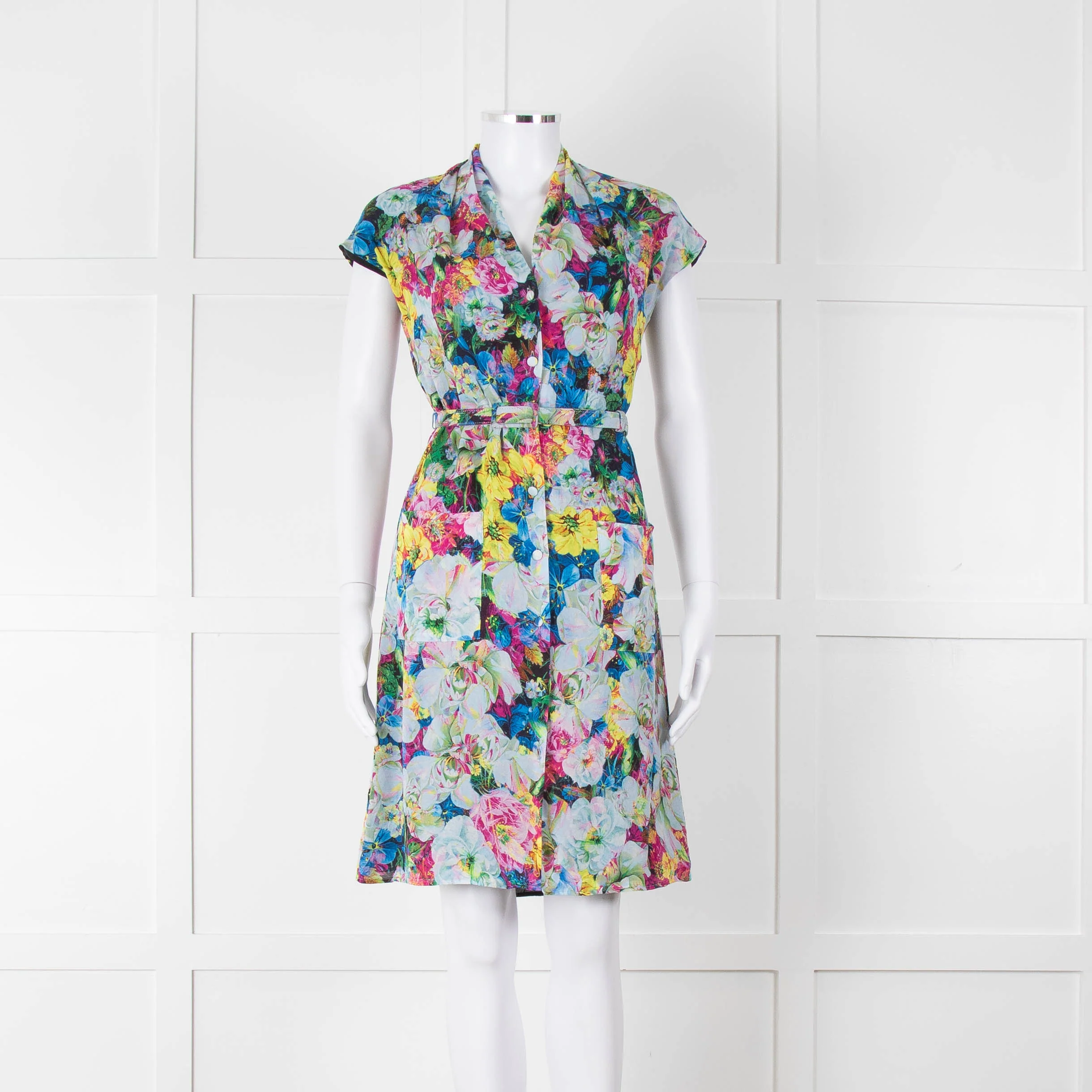 Erdem Blue Yellow Orange Floral Belted Silk Mini Dress