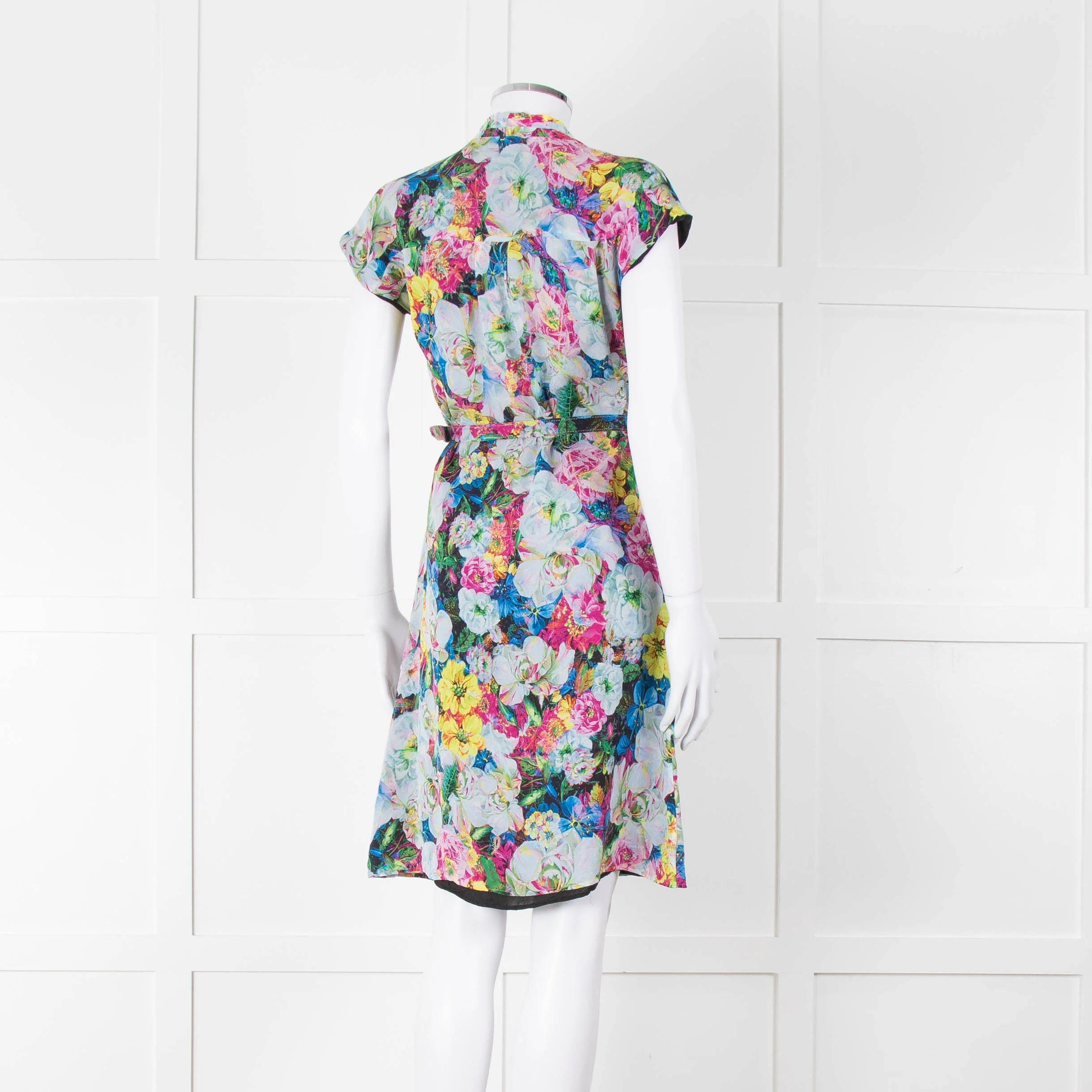 Erdem Blue Yellow Orange Floral Belted Silk Mini Dress - Image 4