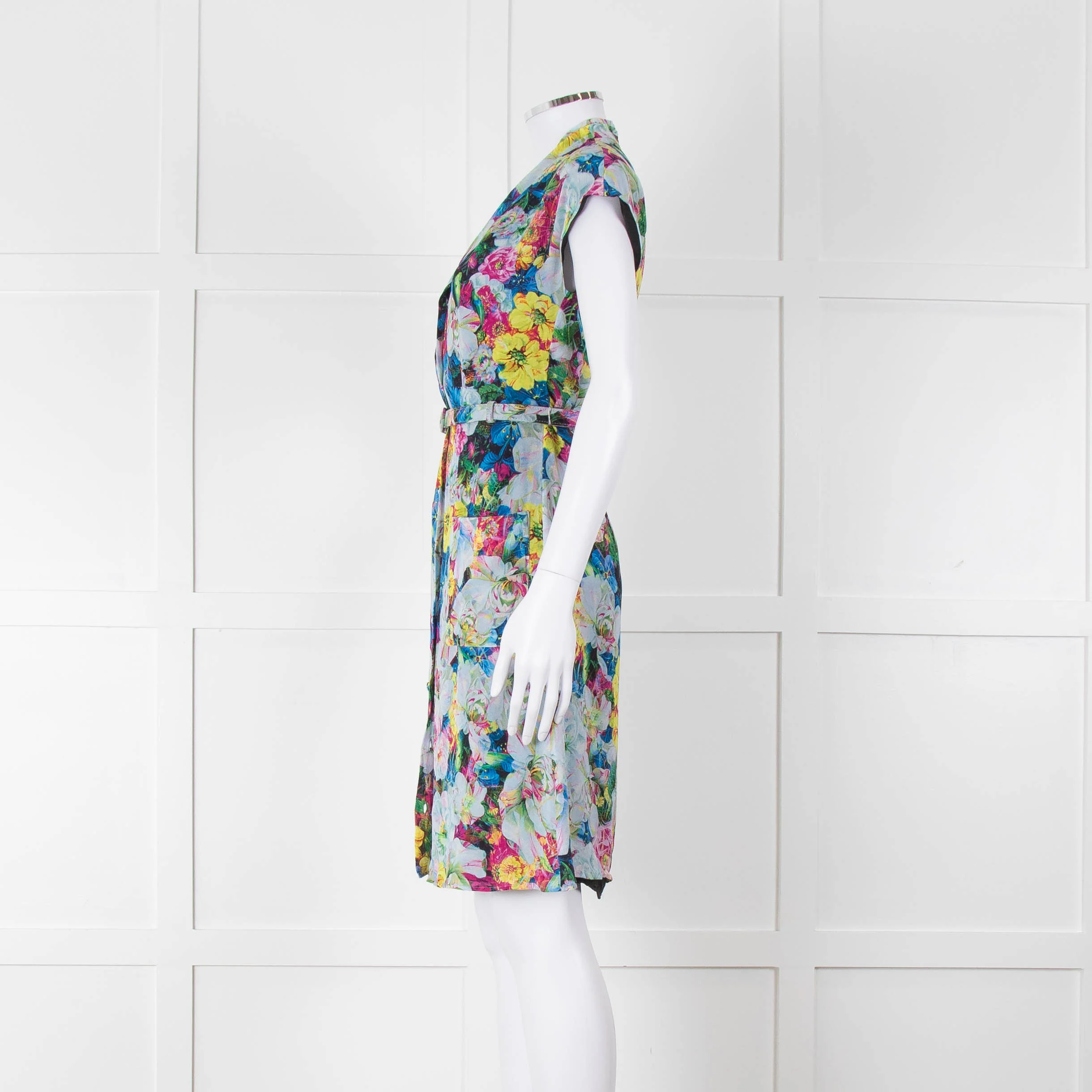 Erdem Blue Yellow Orange Floral Belted Silk Mini Dress - Image 7