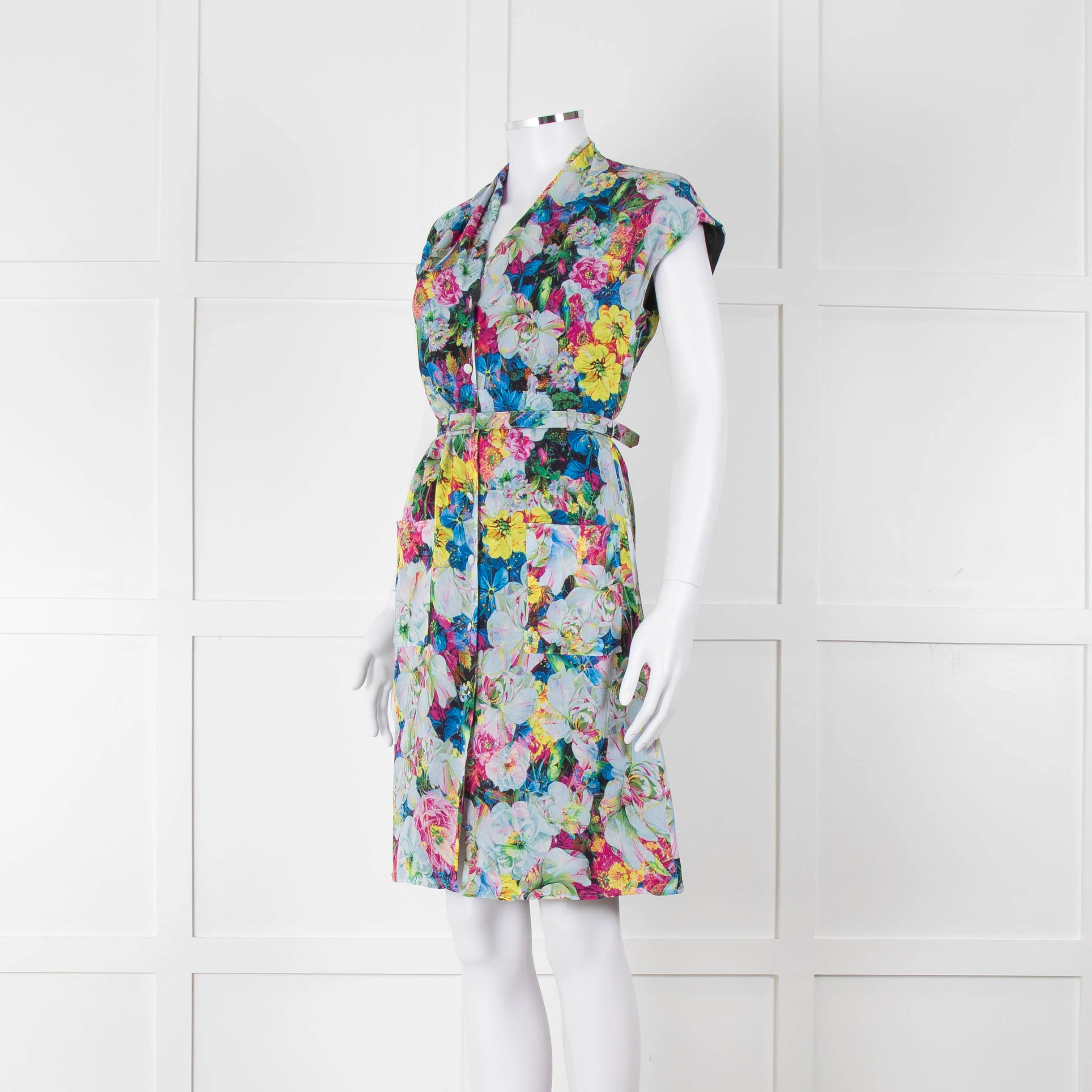 Erdem Blue Yellow Orange Floral Belted Silk Mini Dress - Image 8