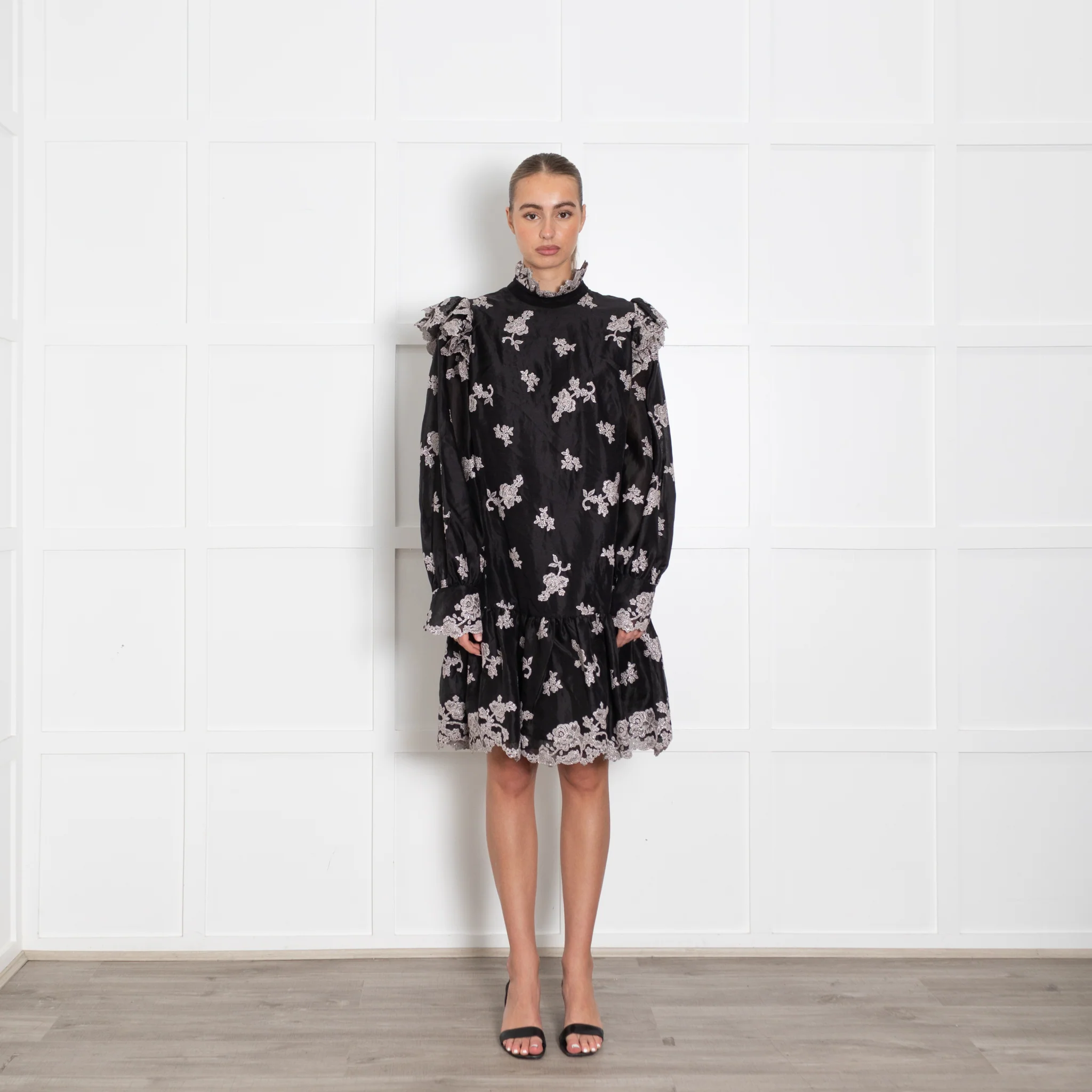 Erdem Nella Black Organza Dress With Silver Embroidery