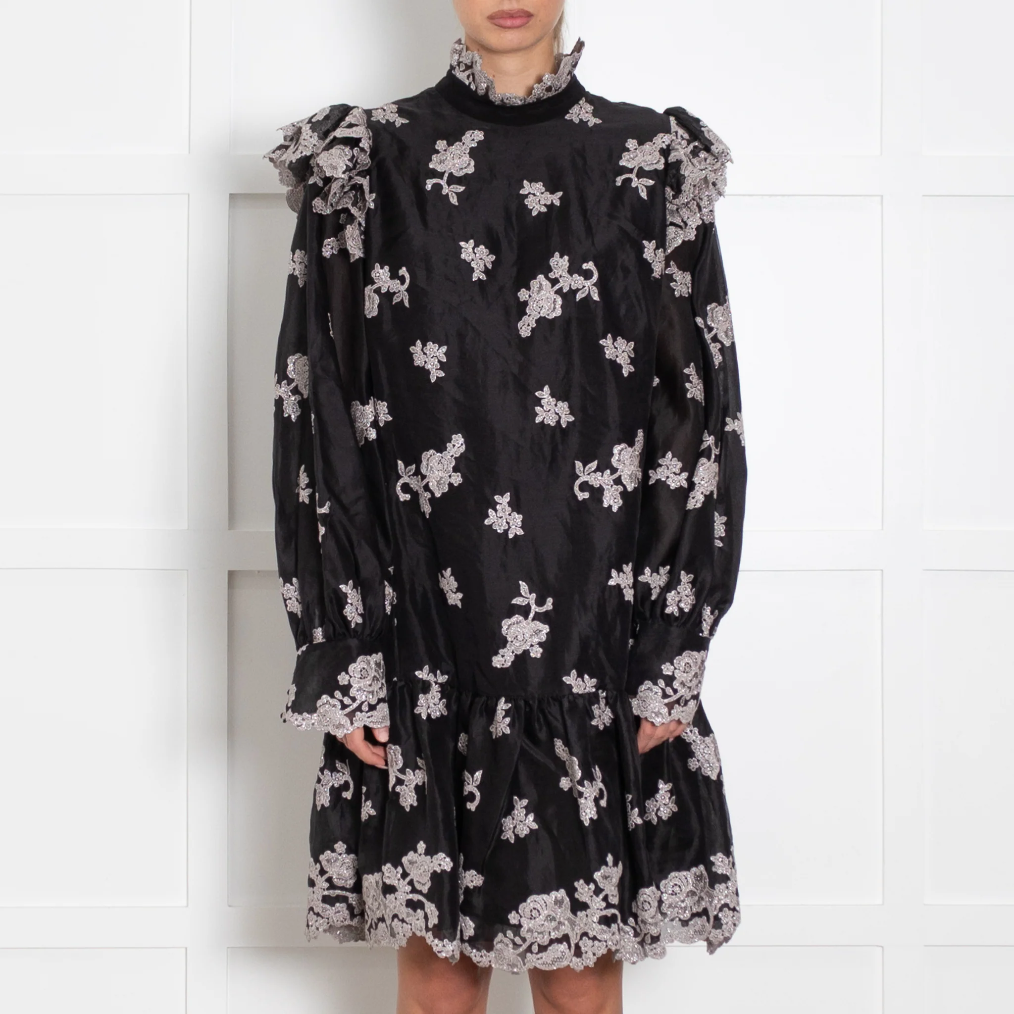 Erdem Nella Black Organza Dress With Silver Embroidery - Image 2