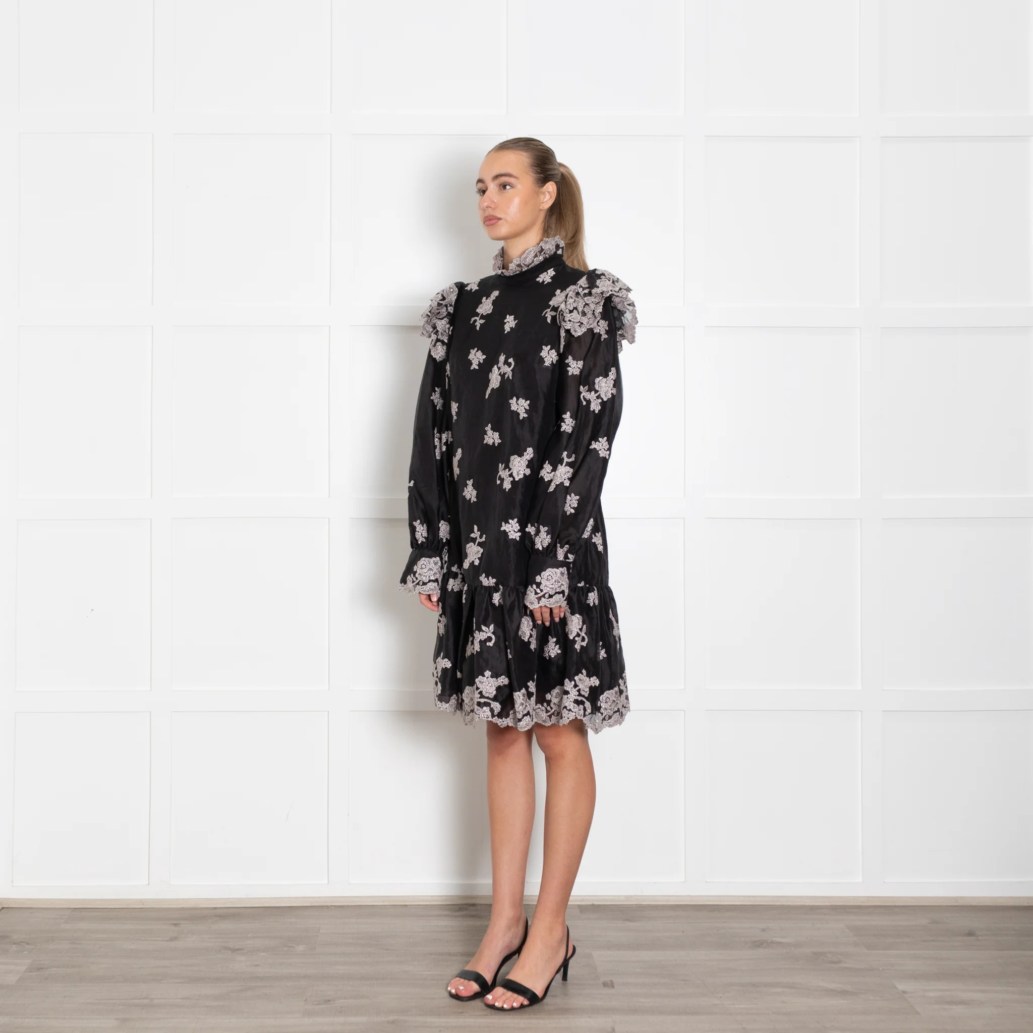 Erdem Nella Black Organza Dress With Silver Embroidery - Image 3