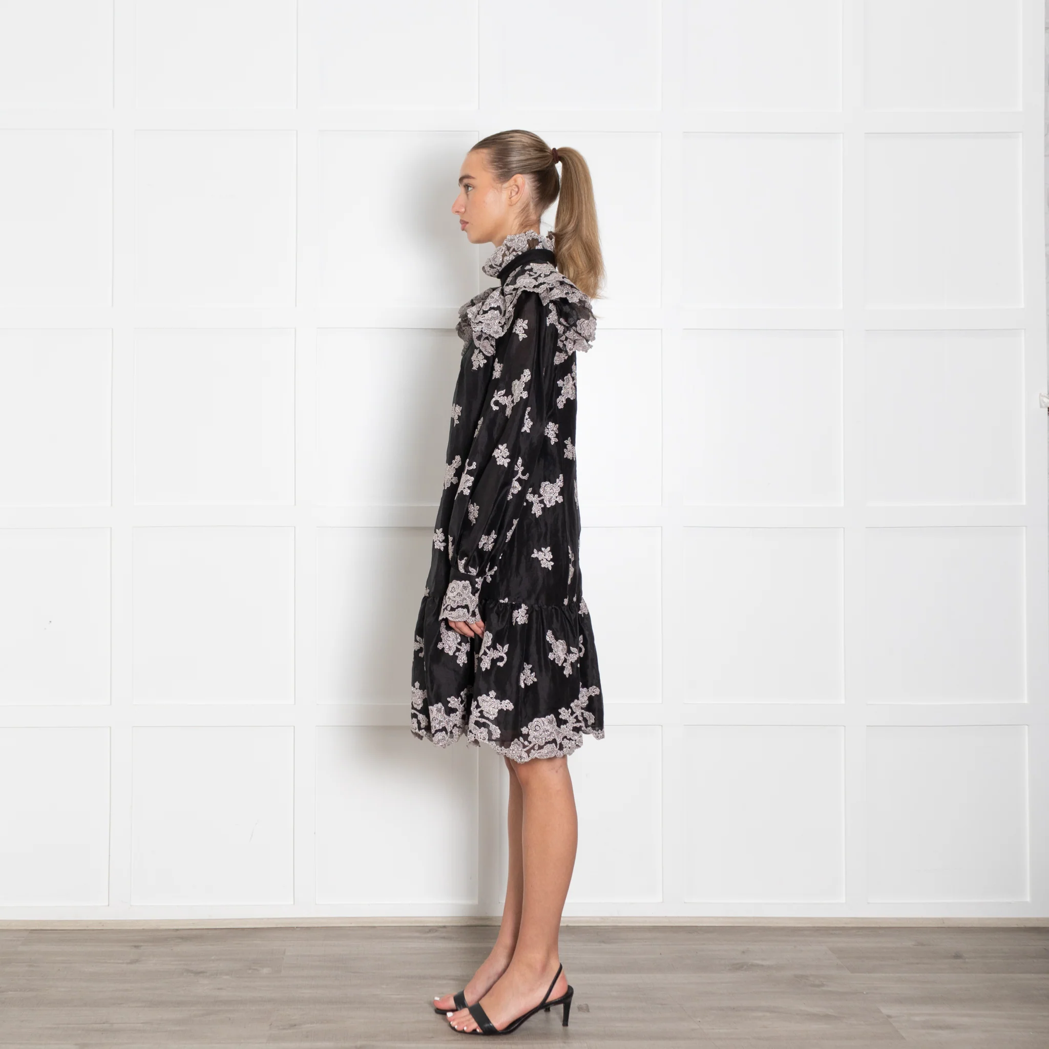 Erdem Nella Black Organza Dress With Silver Embroidery - Image 4