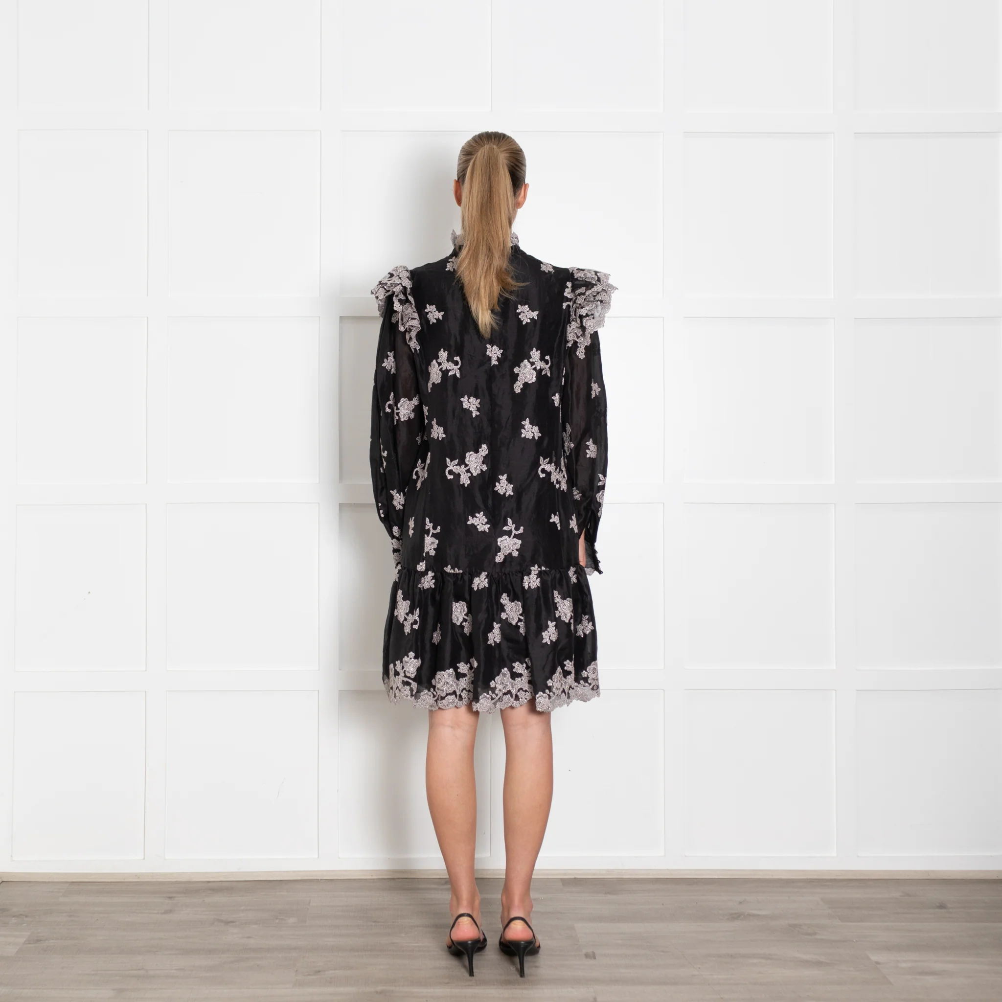 Erdem Nella Black Organza Dress With Silver Embroidery - Image 5