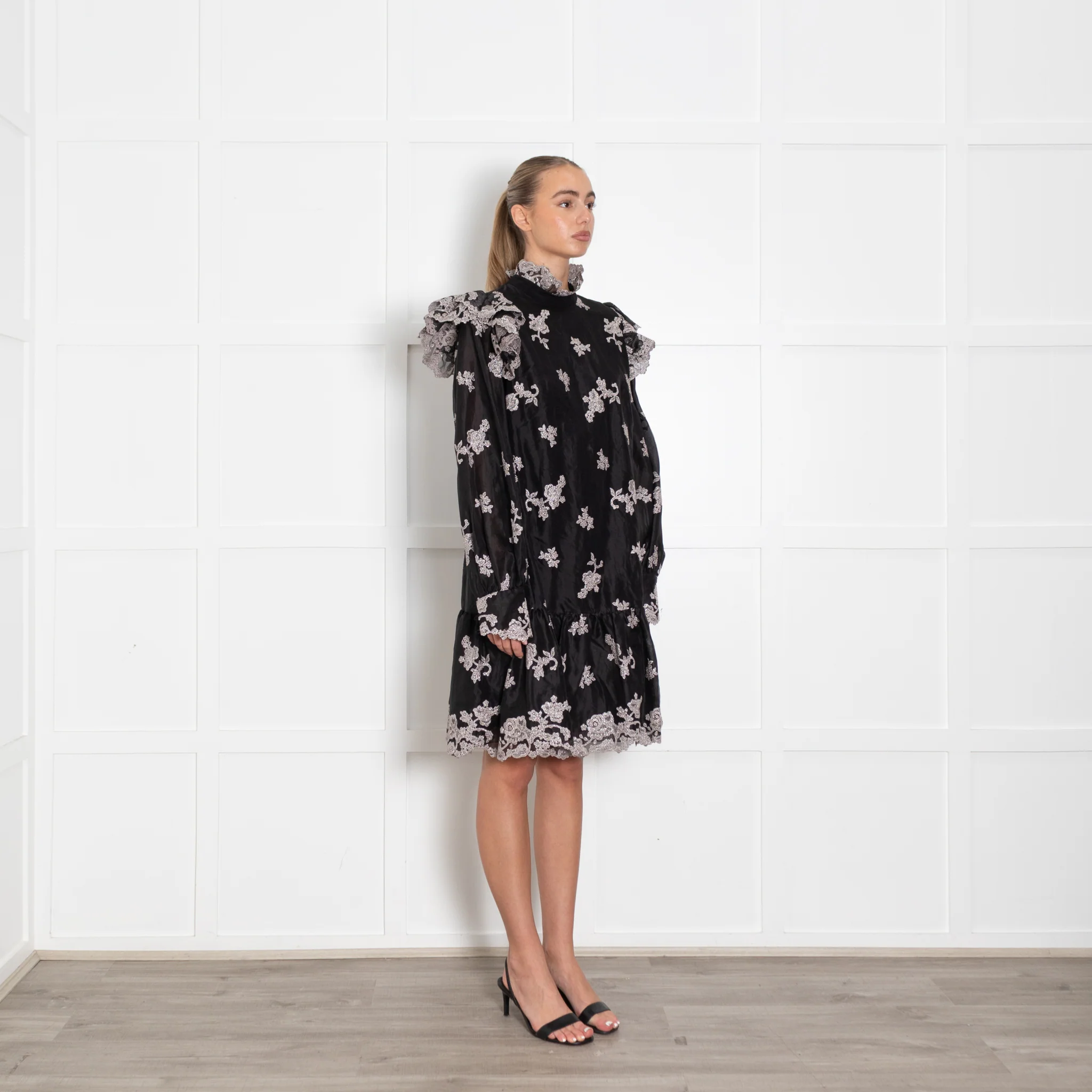 Erdem Nella Black Organza Dress With Silver Embroidery - Image 7
